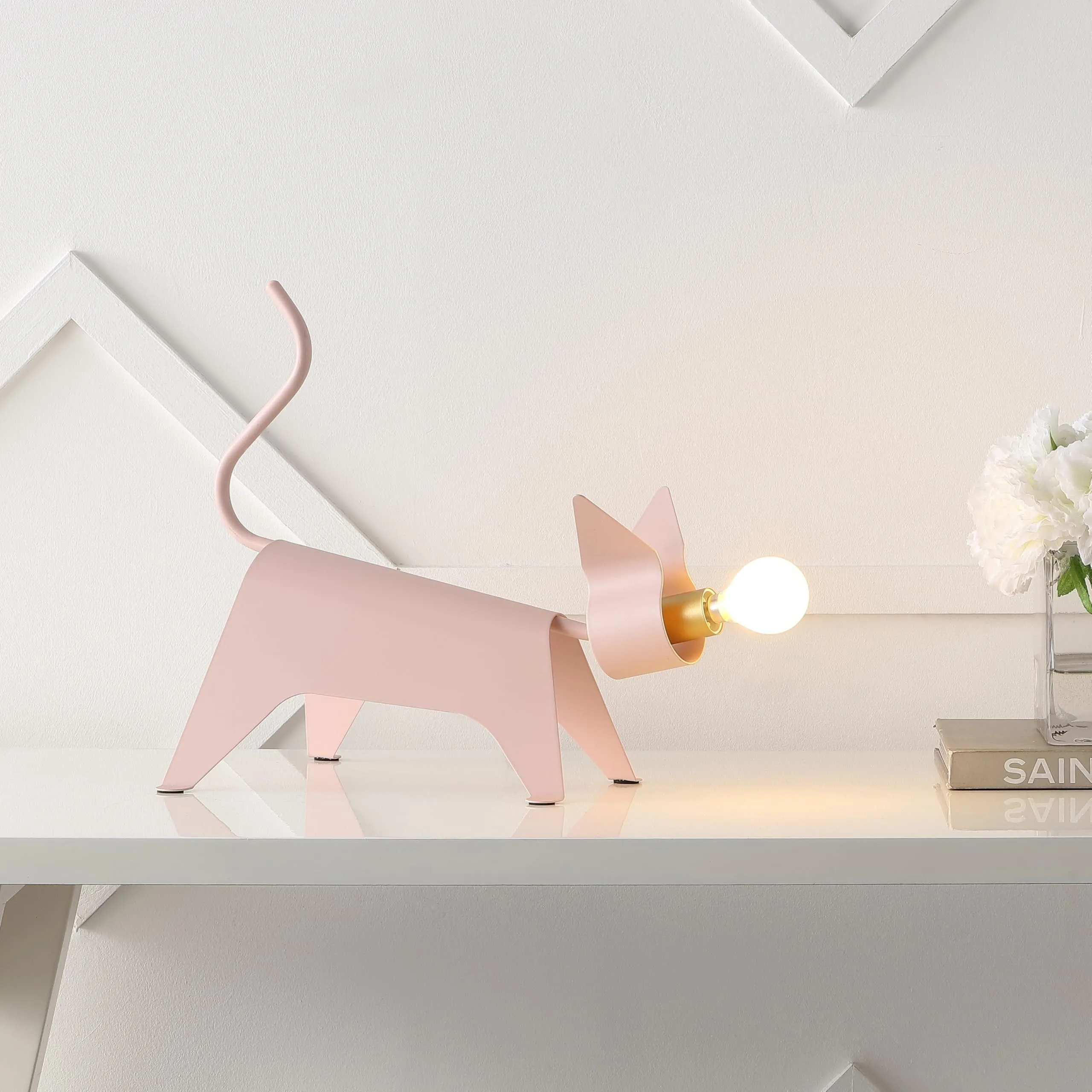 11.75" Modern Industrial Iron Feline Led Kids' Lamp Pink