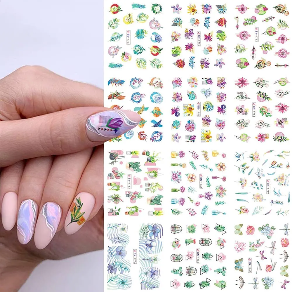 12 Sheets Nail Art Stickers Flower Designs Flowers Leaf Nail Art Decals Nail Stickers for Women Rose Water Transfer with Assorted Floral Leaves Manicure Transfer Tips DIY Decoration(Style 3)