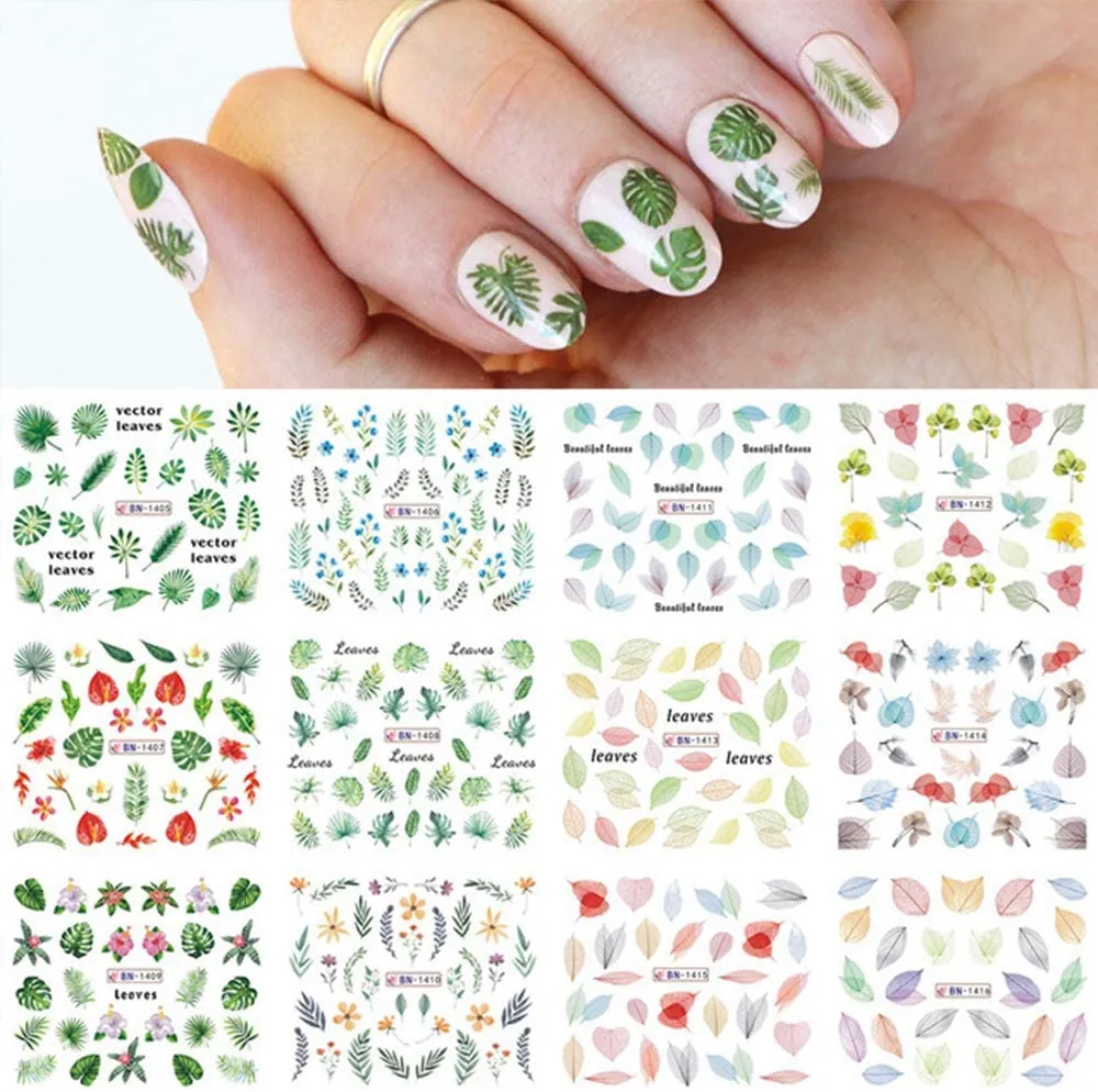 12 Sheets Nail Art Stickers Flower Designs Flowers Leaf Nail Art Decals Nail Stickers for Women Rose Water Transfer with Assorted Floral Leaves Manicure Transfer Tips DIY Decoration(Style 3)