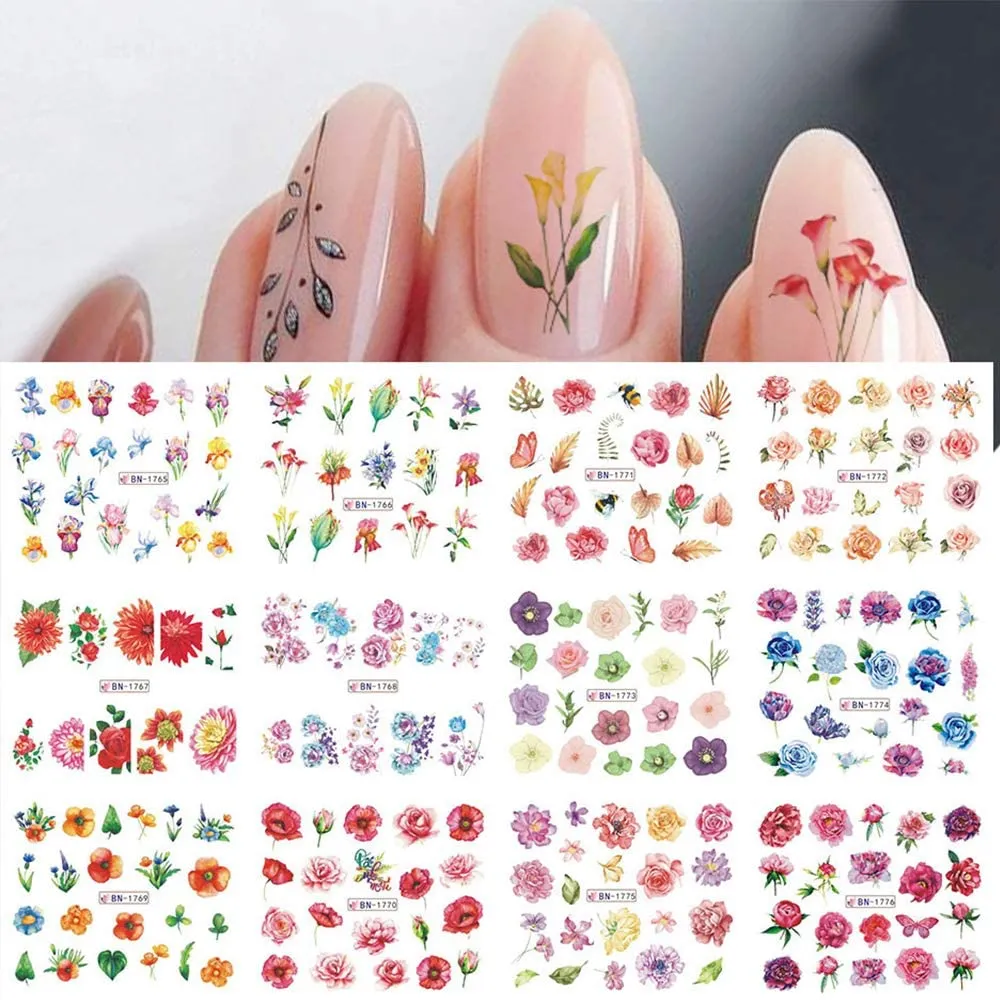 12 Sheets Nail Art Stickers Flower Designs Flowers Leaf Nail Art Decals Nail Stickers for Women Rose Water Transfer with Assorted Floral Leaves Manicure Transfer Tips DIY Decoration(Style 3)