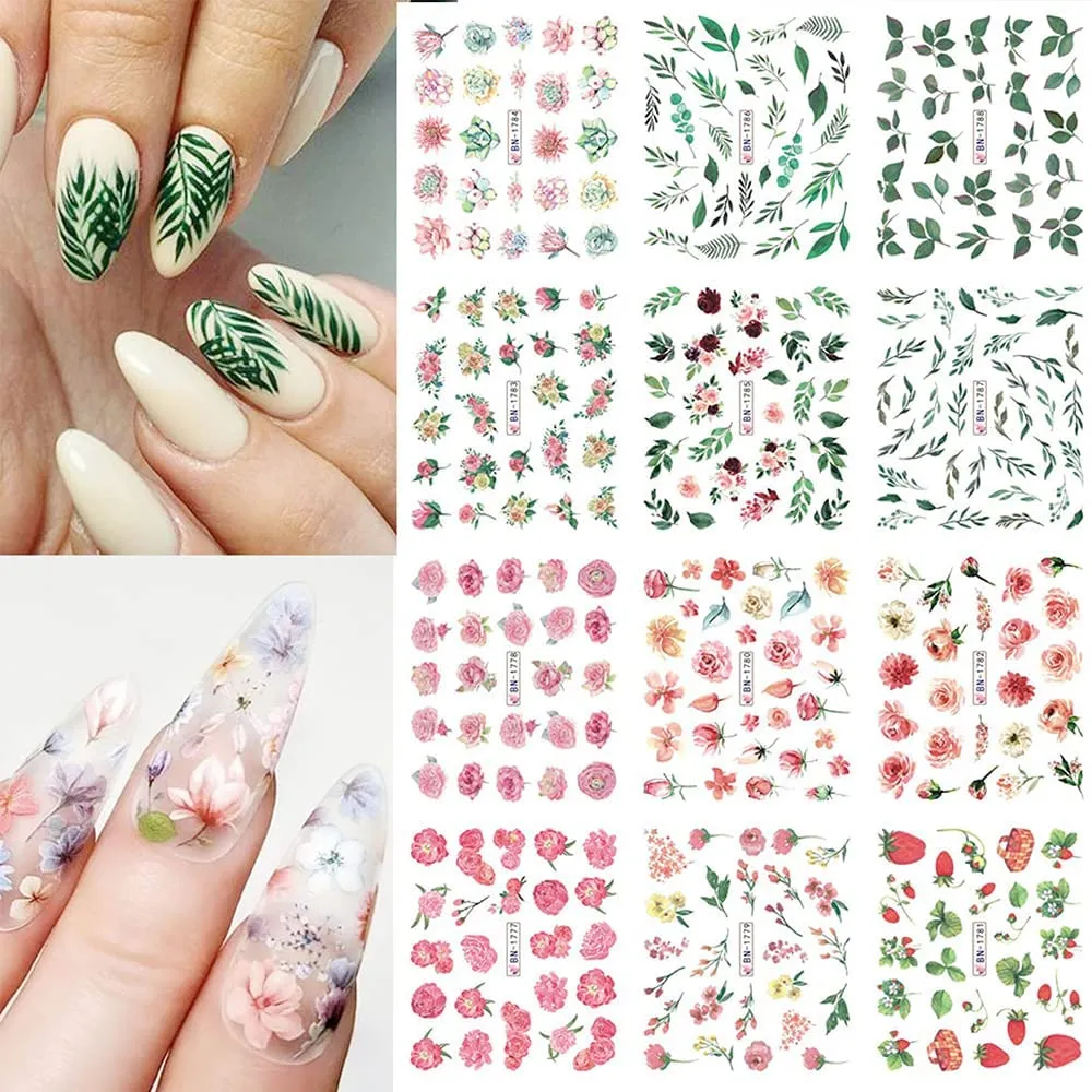 12 Sheets Nail Art Stickers Flower Designs Flowers Leaf Nail Art Decals Nail Stickers for Women Rose Water Transfer with Assorted Floral Leaves Manicure Transfer Tips DIY Decoration(Style 3)