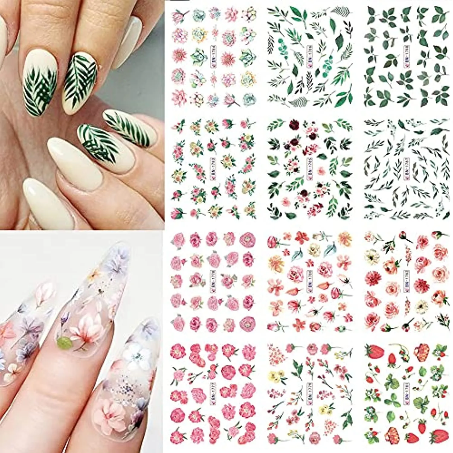 12 Sheets Nail Art Stickers Flower Designs Flowers Leaf Nail Art Decals Nail Stickers for Women Rose Water Transfer with Assorted Floral Leaves Manicure Transfer Tips DIY Decoration(Style 3)