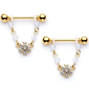 14 Gauge 5/8 Clear Gem Gold Tone Dainty Flower Dangle Nipple Ring Set