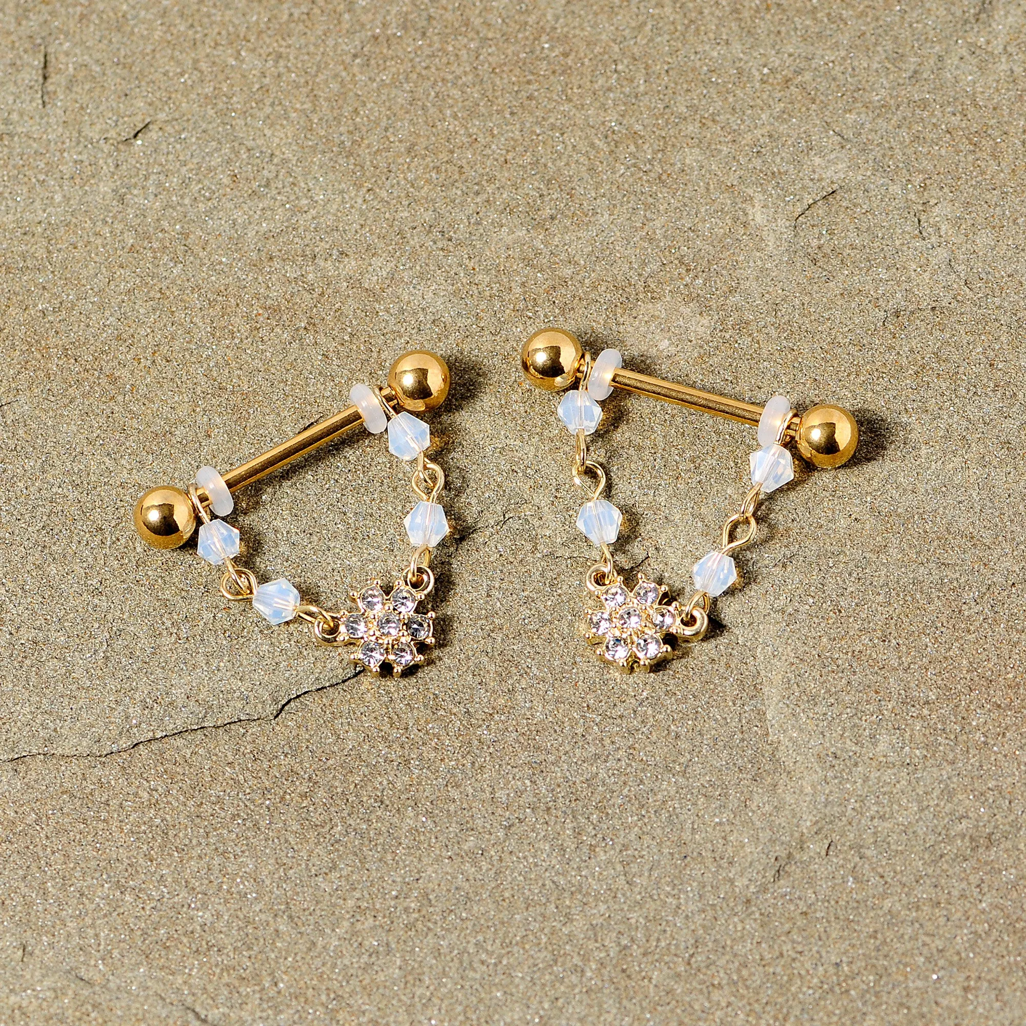 14 Gauge 5/8 Clear Gem Gold Tone Dainty Flower Dangle Nipple Ring Set