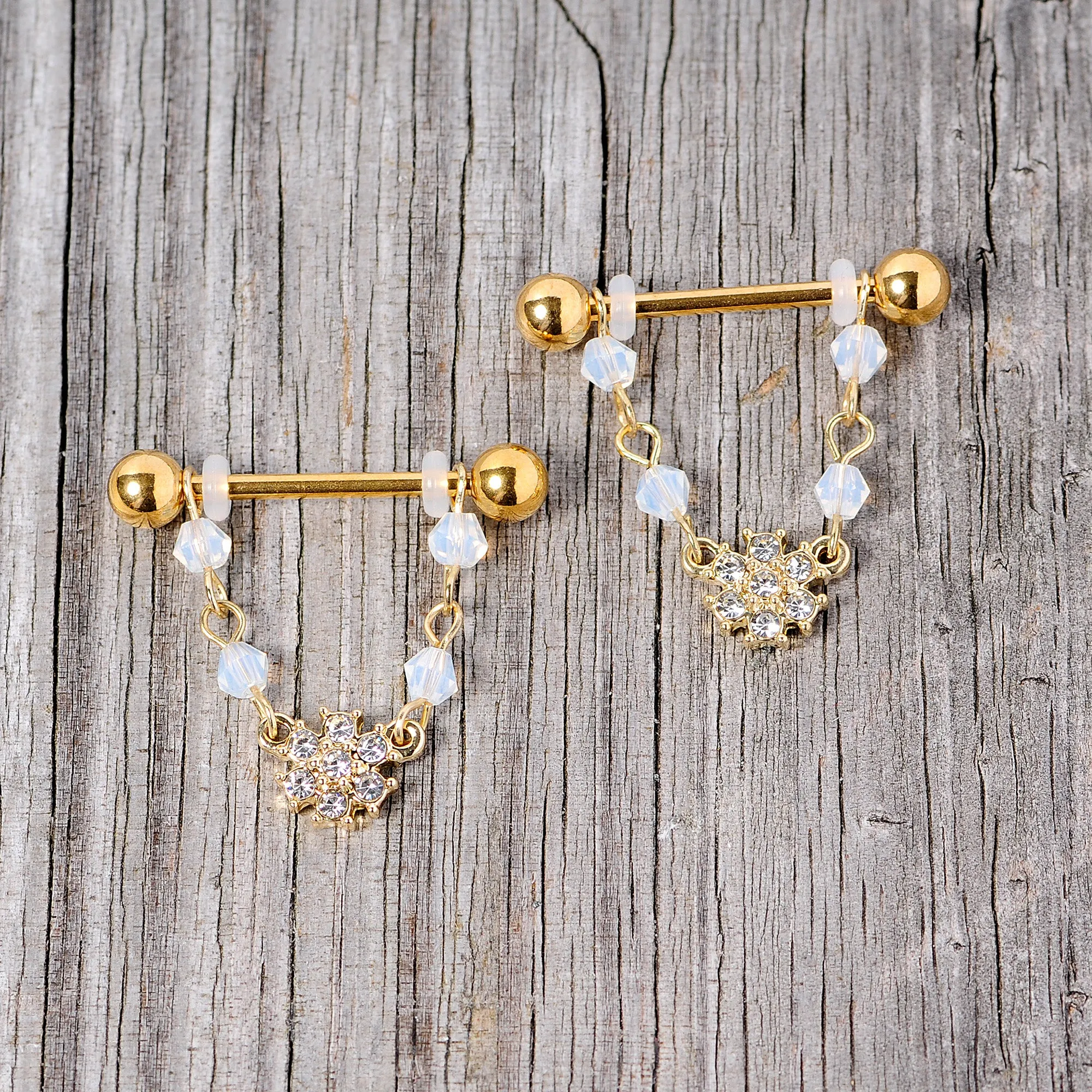 14 Gauge 5/8 Clear Gem Gold Tone Dainty Flower Dangle Nipple Ring Set