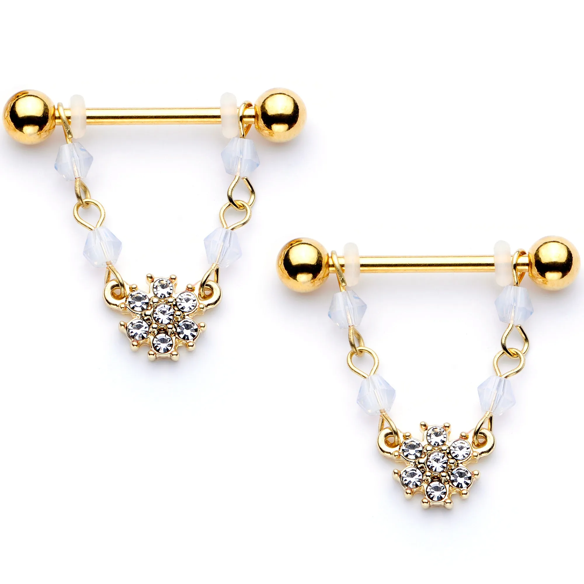 14 Gauge 5/8 Clear Gem Gold Tone Dainty Flower Dangle Nipple Ring Set