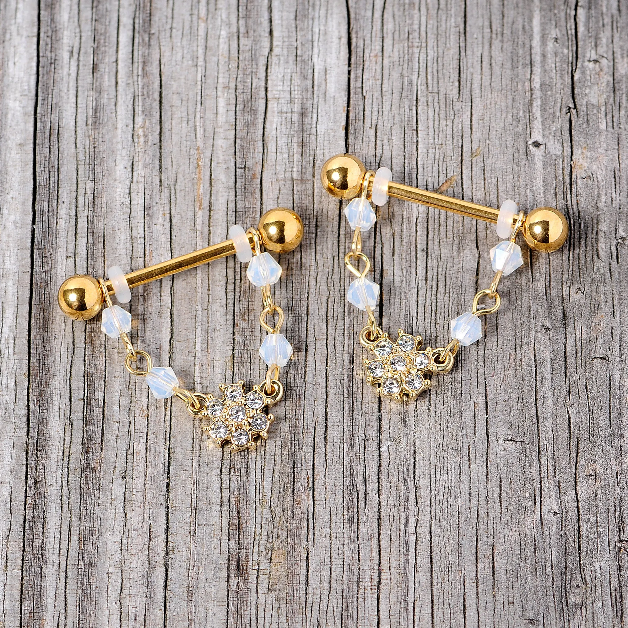 14 Gauge 5/8 Clear Gem Gold Tone Dainty Flower Dangle Nipple Ring Set