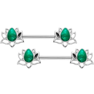 14 Gauge 9/16 Green Faux Opal Lotus Flower Barbell Nipple Ring Set