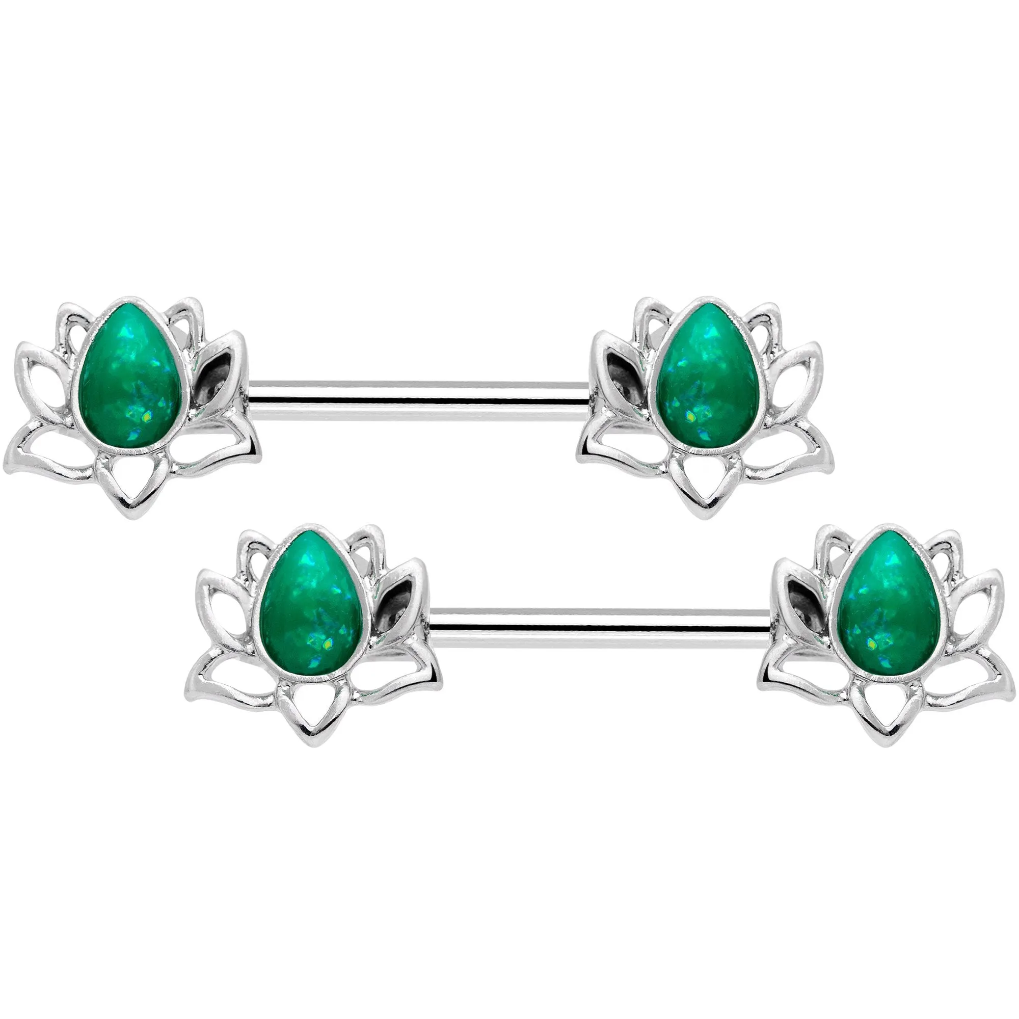 14 Gauge 9/16 Green Faux Opal Lotus Flower Barbell Nipple Ring Set