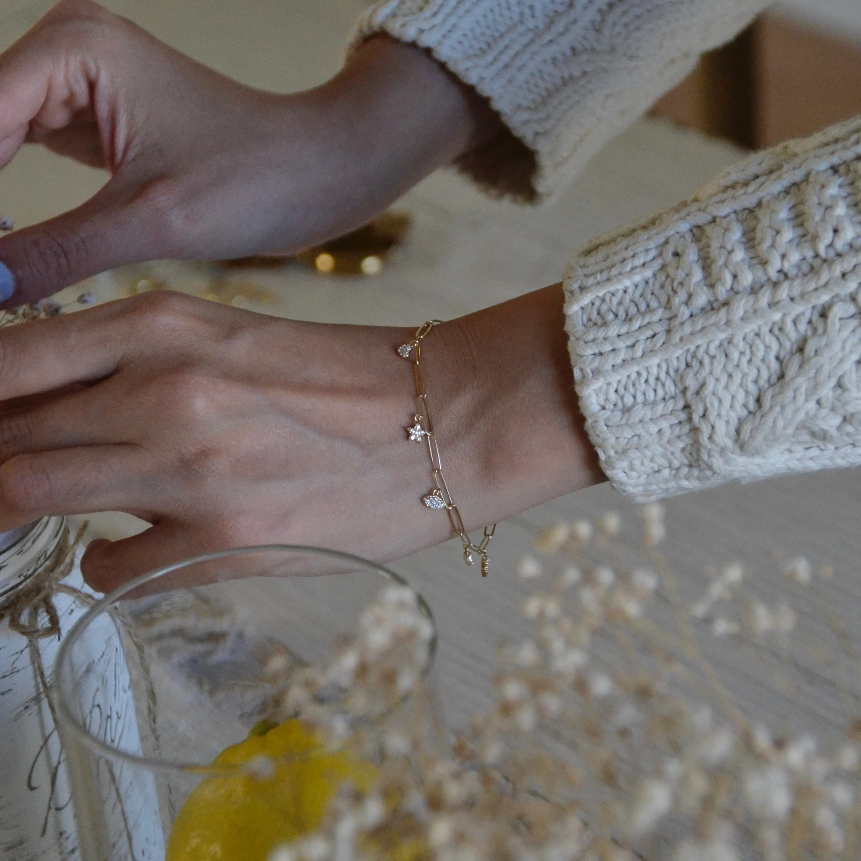 14k Yellow Gold and Diamond Paperclip Charm Bracelet