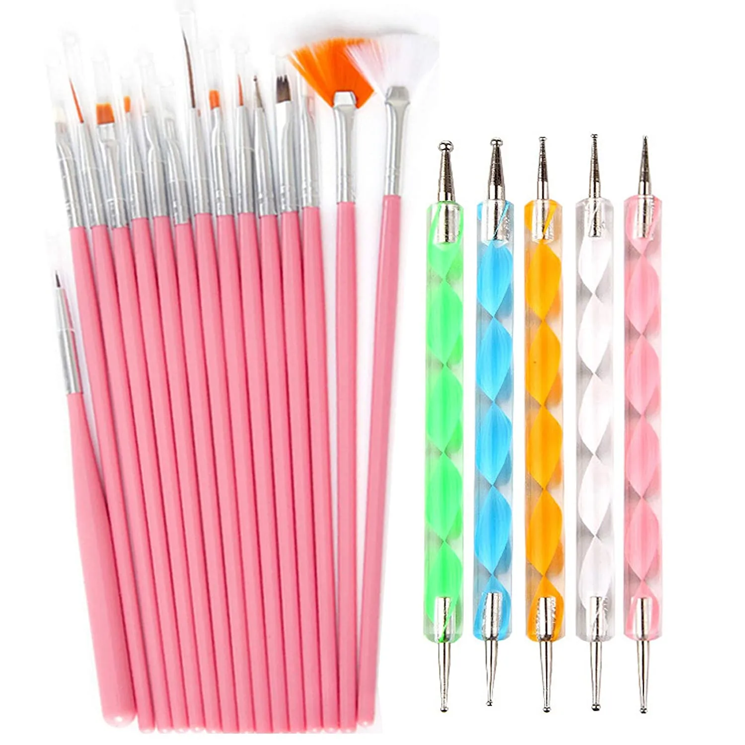 20pc Nail Art Painting Brush Pen Tools Kit UV Gel Building Drawing Linering Brushes Set Mandala Nail Dotting Pens (Pink)