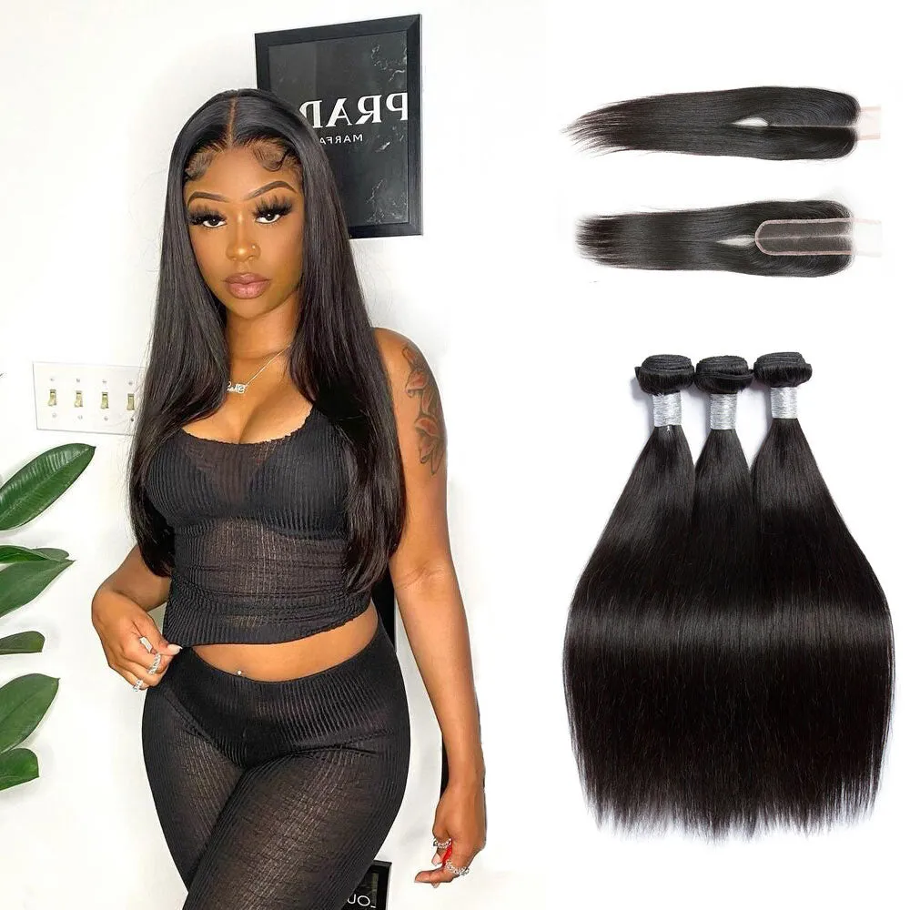 2x6 Closure with Human Hair 3 Bundles India Virgin Hair