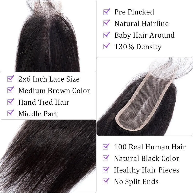 3 Bundles With 2x6 Lace Closure Raw Malaysian Unprocessed India Hair