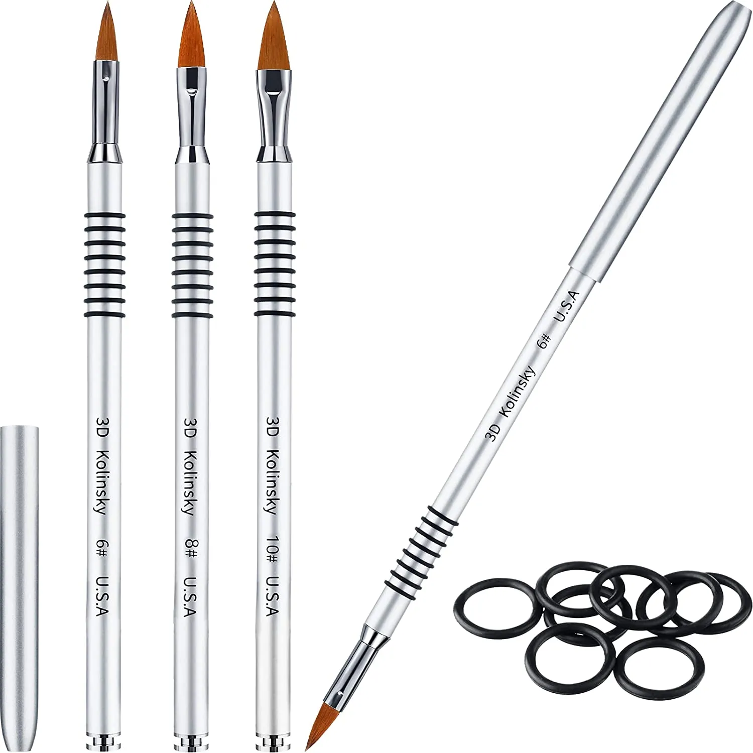 3 Pieces Kolinsky Acrylic Nail Brush 3D Nail Art Brush with Silver Metal with Non-slip Handle (Silver,Size 2, 4, 5)