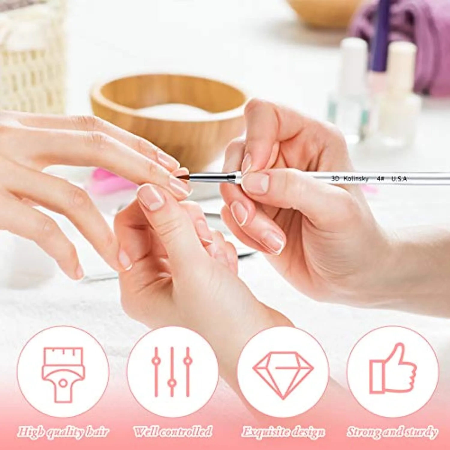 3 Pieces Kolinsky Acrylic Nail Brush 3D Nail Art Brush with Silver Metal with Non-slip Handle (Silver,Size 2, 4, 5)