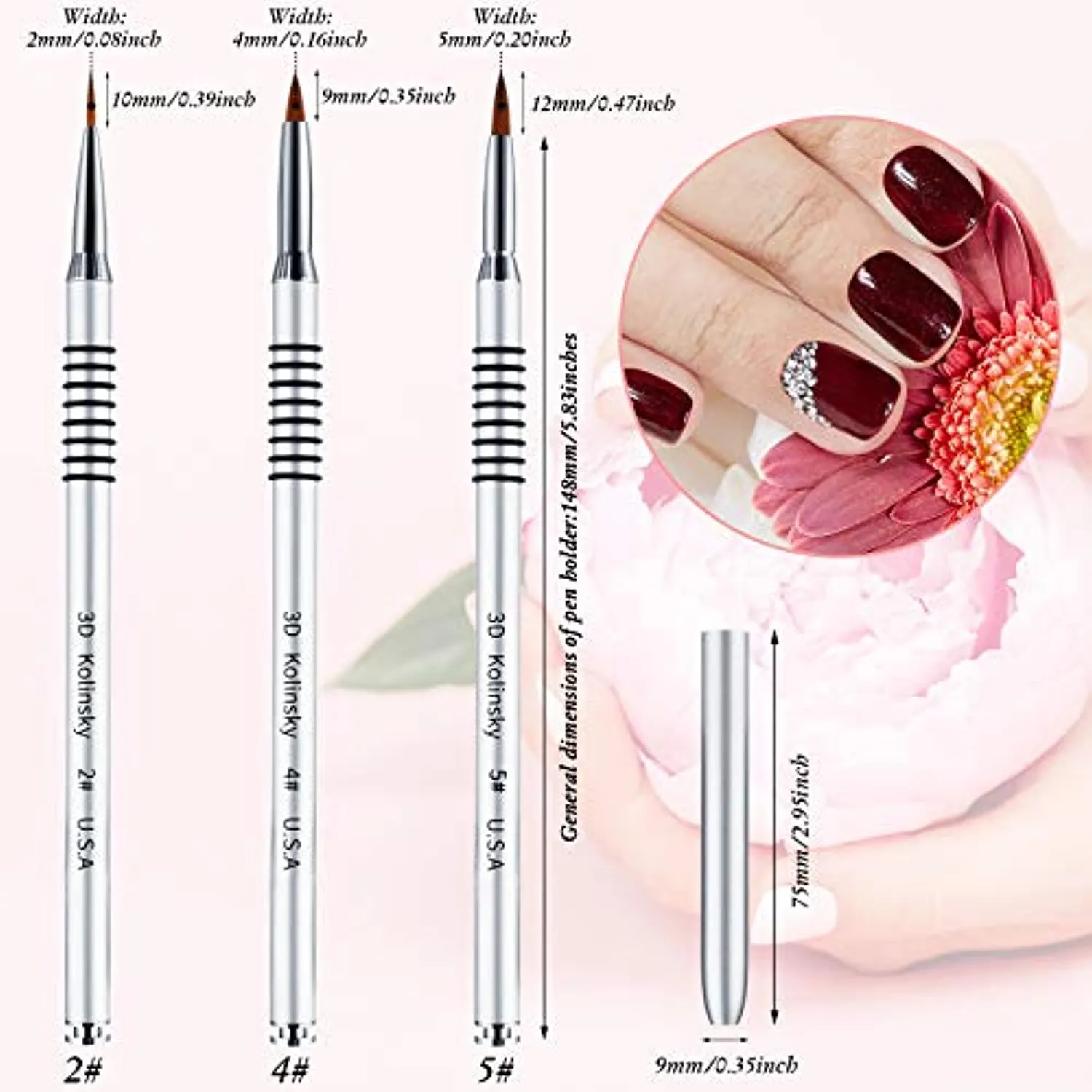 3 Pieces Kolinsky Acrylic Nail Brush 3D Nail Art Brush with Silver Metal with Non-slip Handle (Silver,Size 2, 4, 5)
