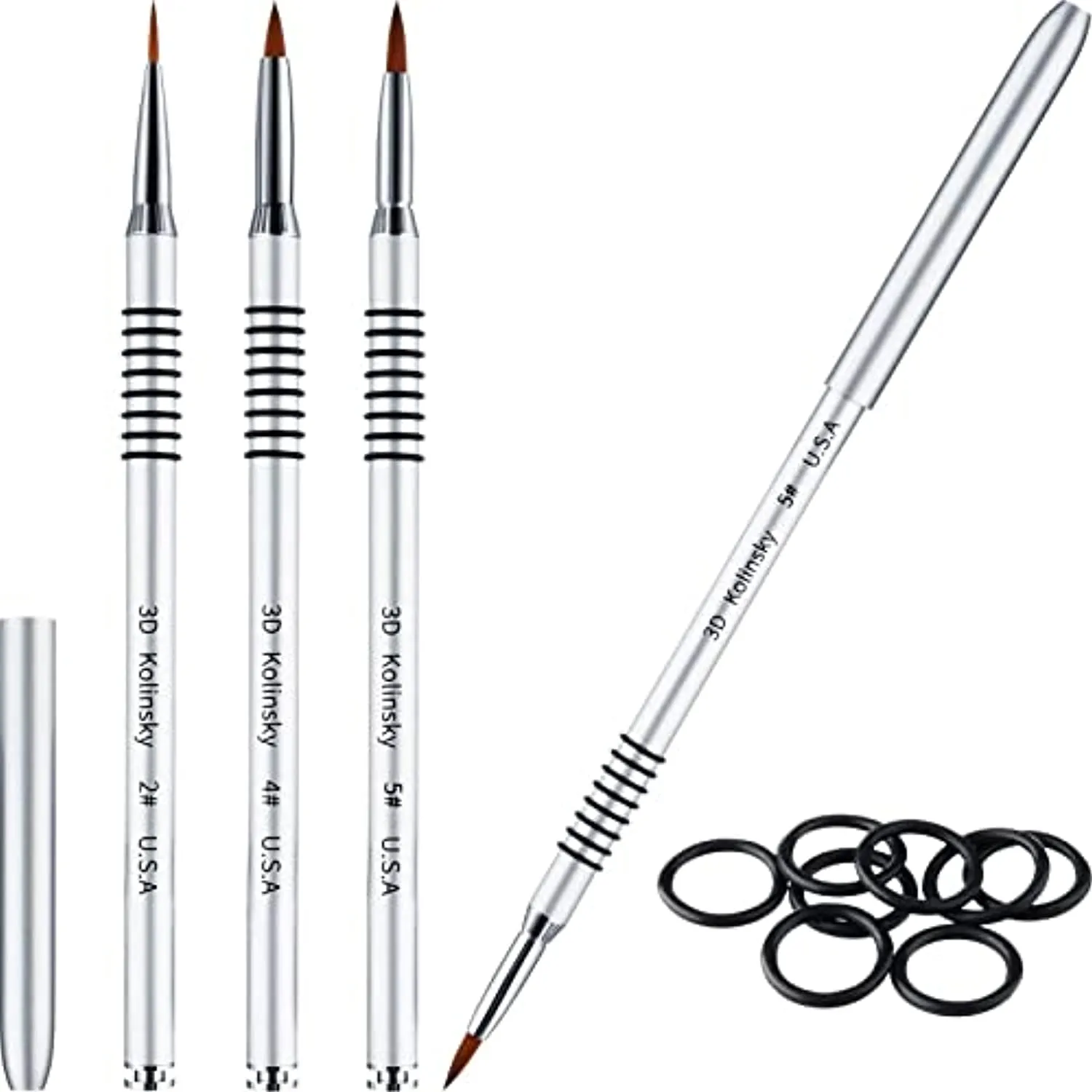 3 Pieces Kolinsky Acrylic Nail Brush 3D Nail Art Brush with Silver Metal with Non-slip Handle (Silver,Size 2, 4, 5)