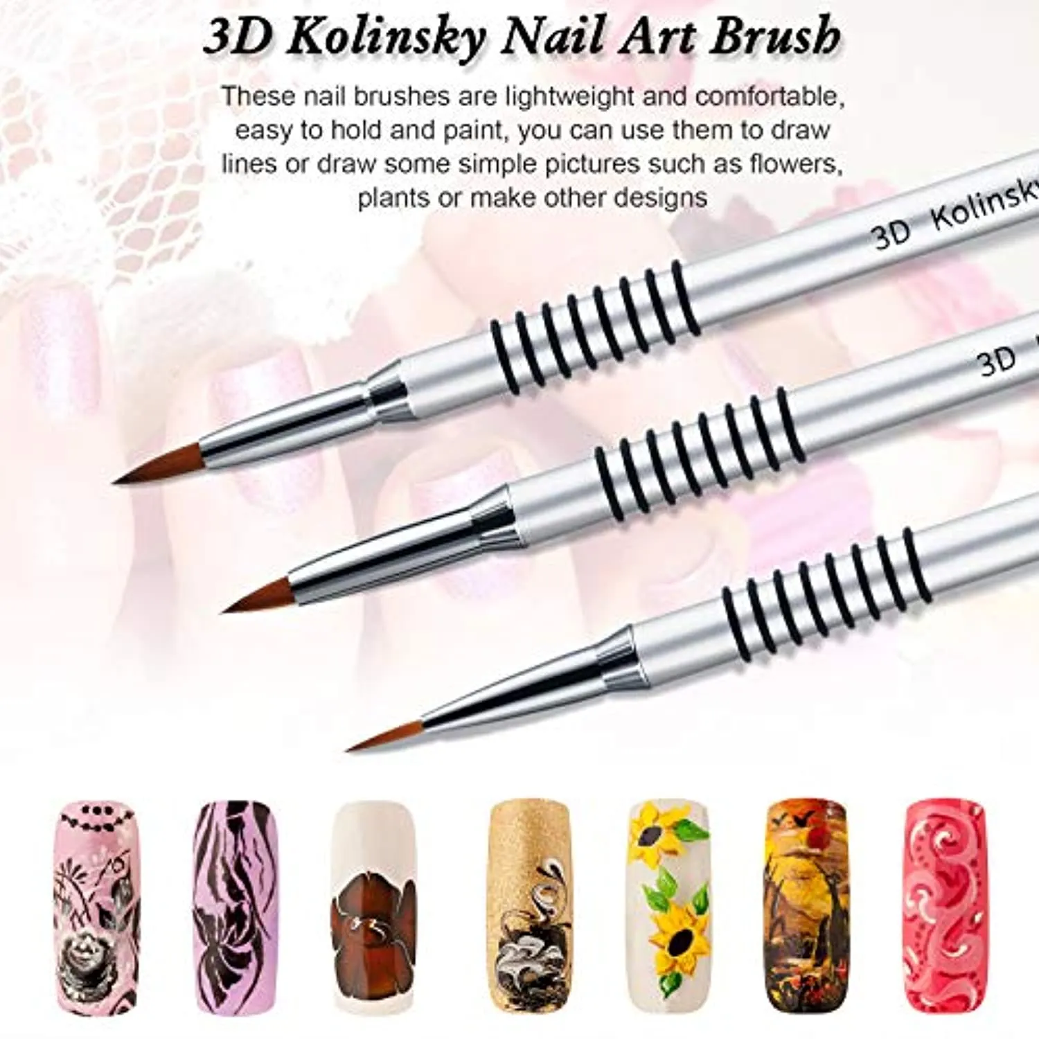 3 Pieces Kolinsky Acrylic Nail Brush 3D Nail Art Brush with Silver Metal with Non-slip Handle (Silver,Size 2, 4, 5)