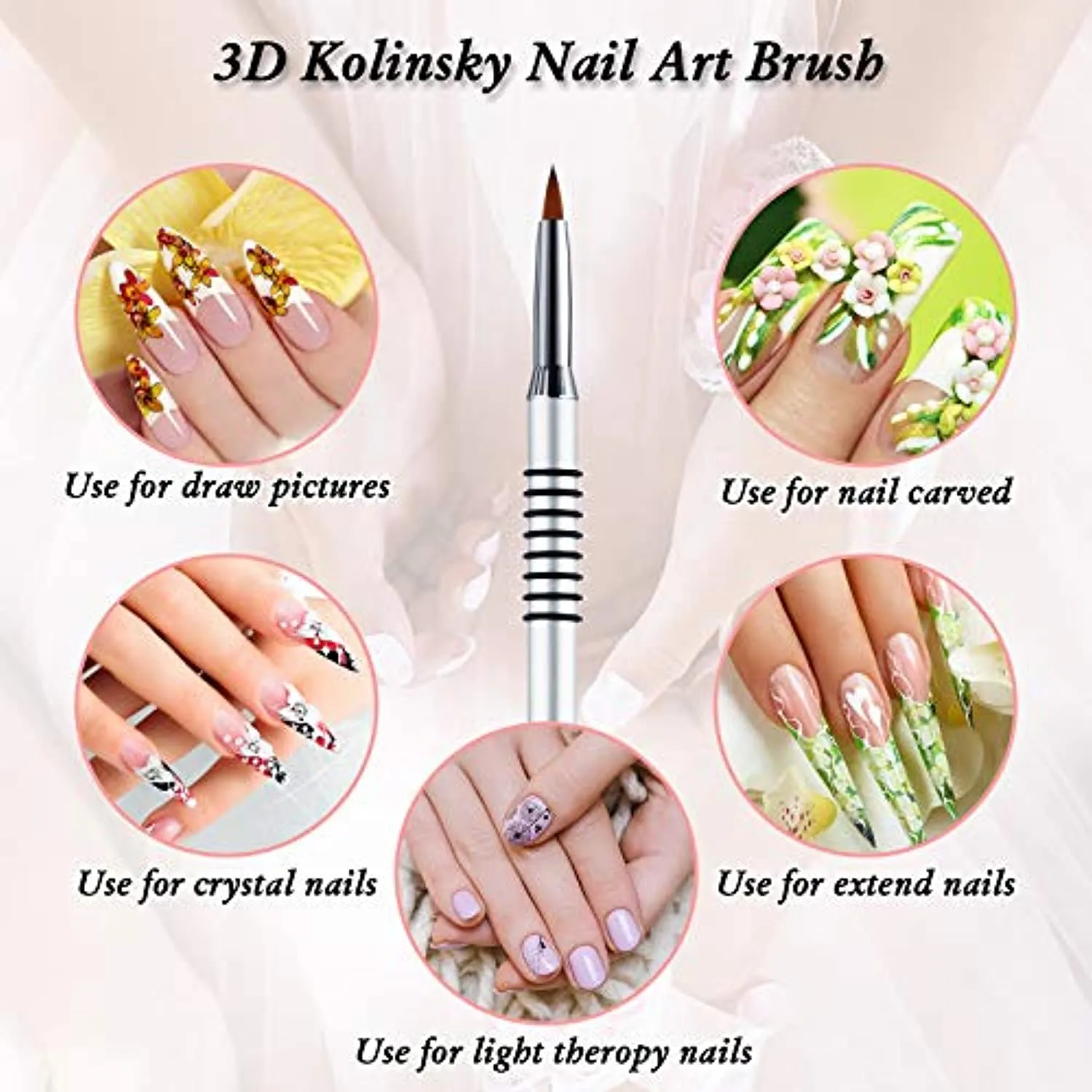 3 Pieces Kolinsky Acrylic Nail Brush 3D Nail Art Brush with Silver Metal with Non-slip Handle (Silver,Size 2, 4, 5)