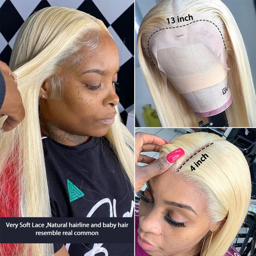 30 34 Inch Blonde Bone Straight Lace Front Human Hair Wig for Women