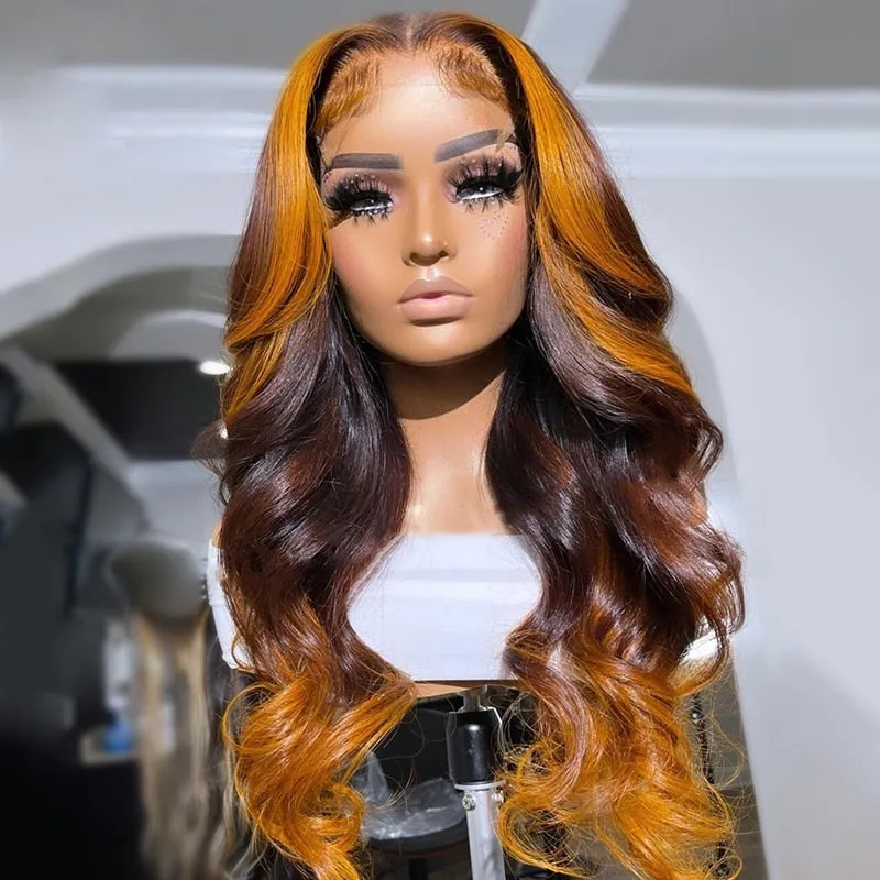 5x5 10A Body Wave Ombre Orange Brown Color Lace Closure Human Hair Wigs