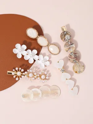6pcs Flower & Faux Pearl Decor Hair Clip - Multicolor