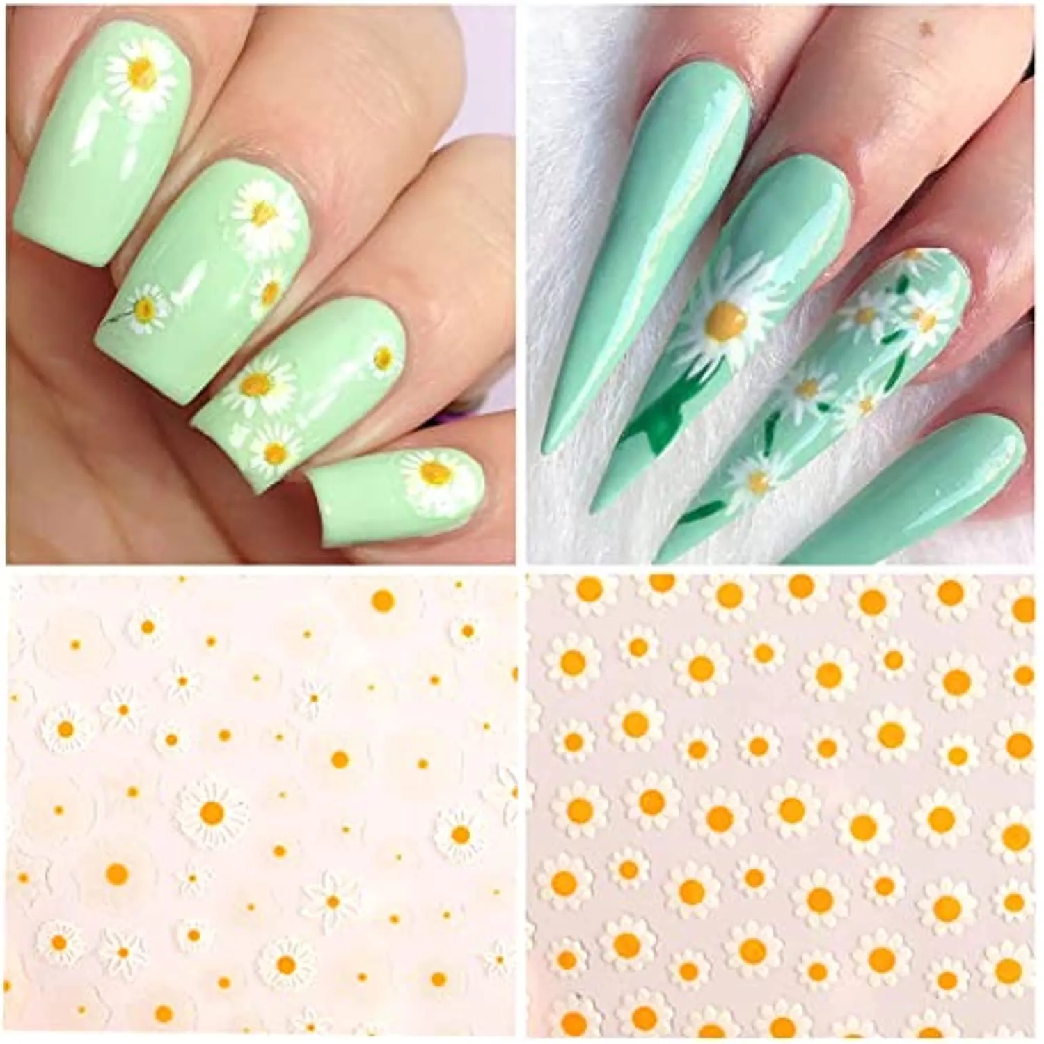8 Sheets Flower Nail Stickers Decals 3D Elegant Daisy Nail Art Supplies Designer Nail Stickers White Floral Flowers Sunflowers Nail Design for Spring Summer DIY Acrylic Nail Art Decoration