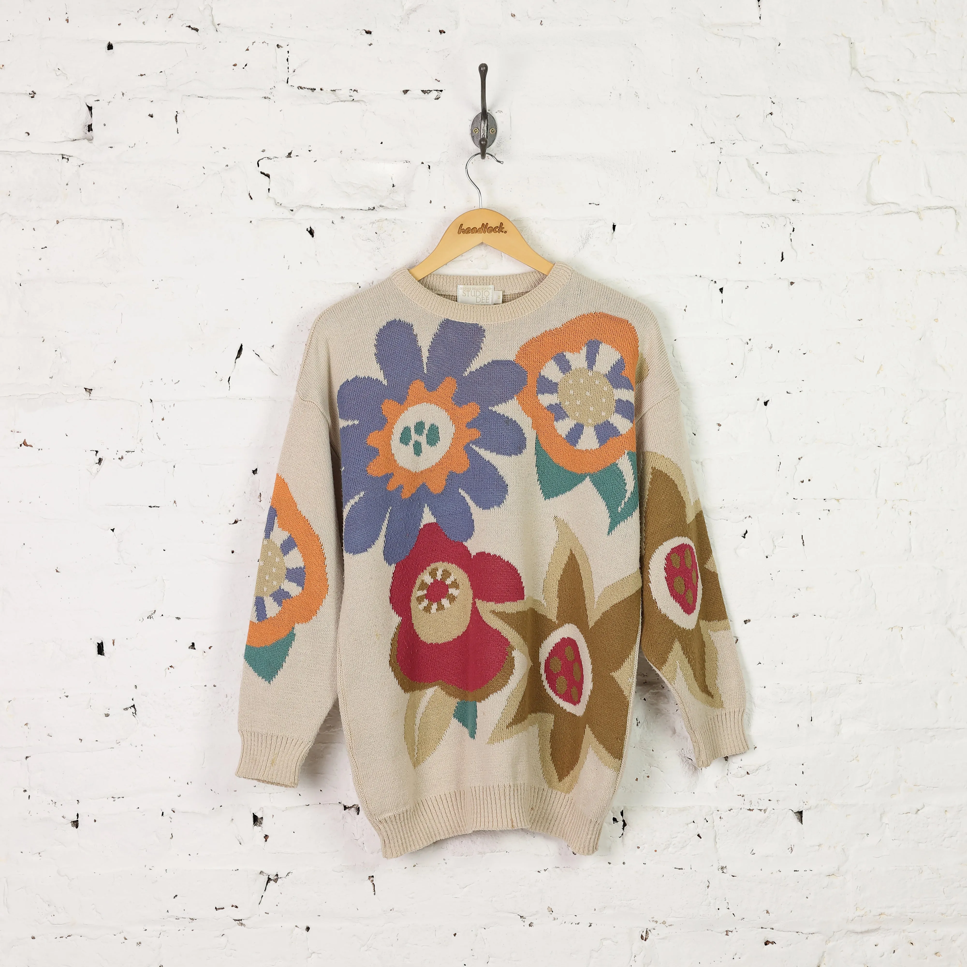 90s Flowers Picture Knit Jumper - Beige - M