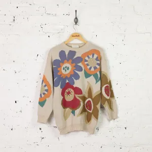 90s Flowers Picture Knit Jumper - Beige - M