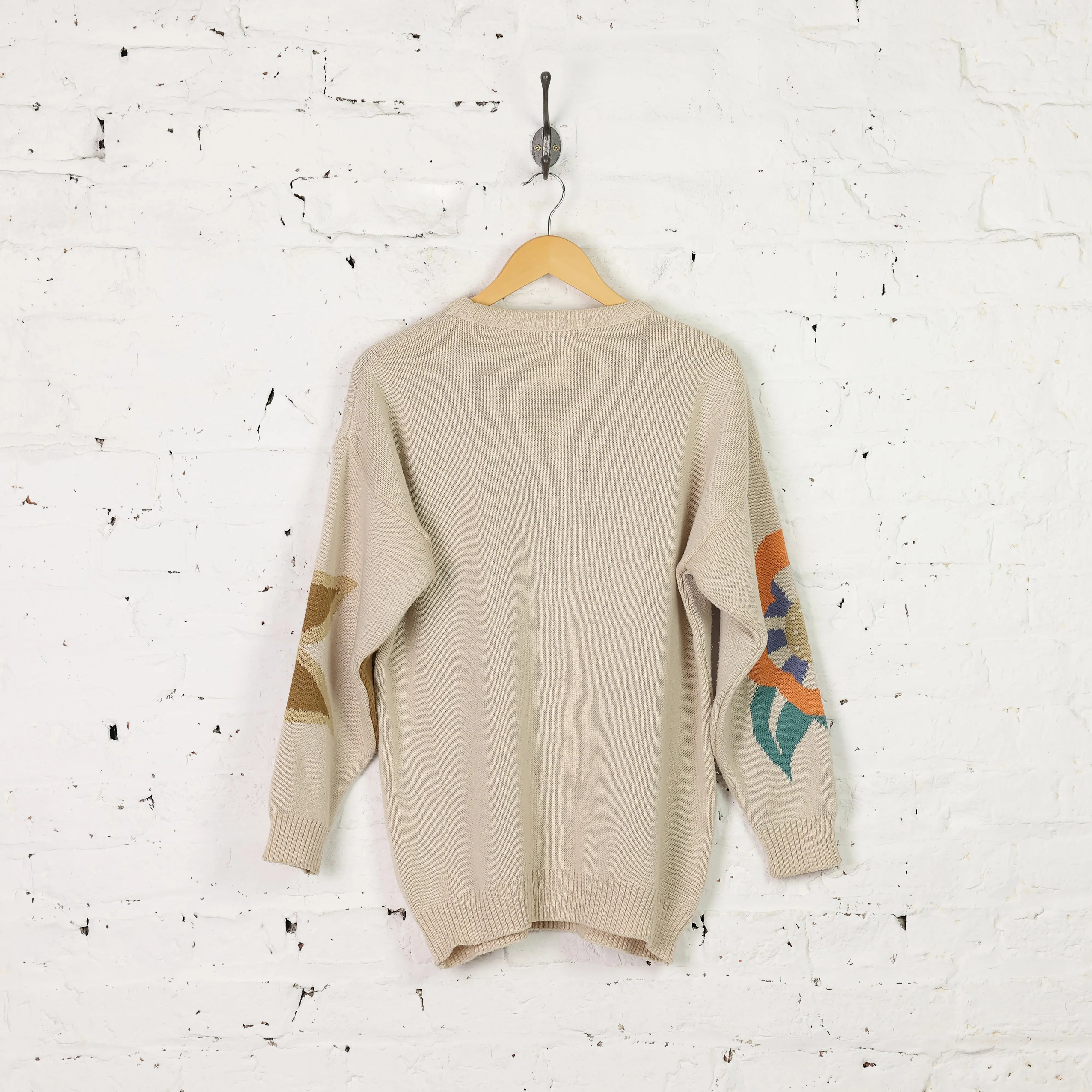 90s Flowers Picture Knit Jumper - Beige - M