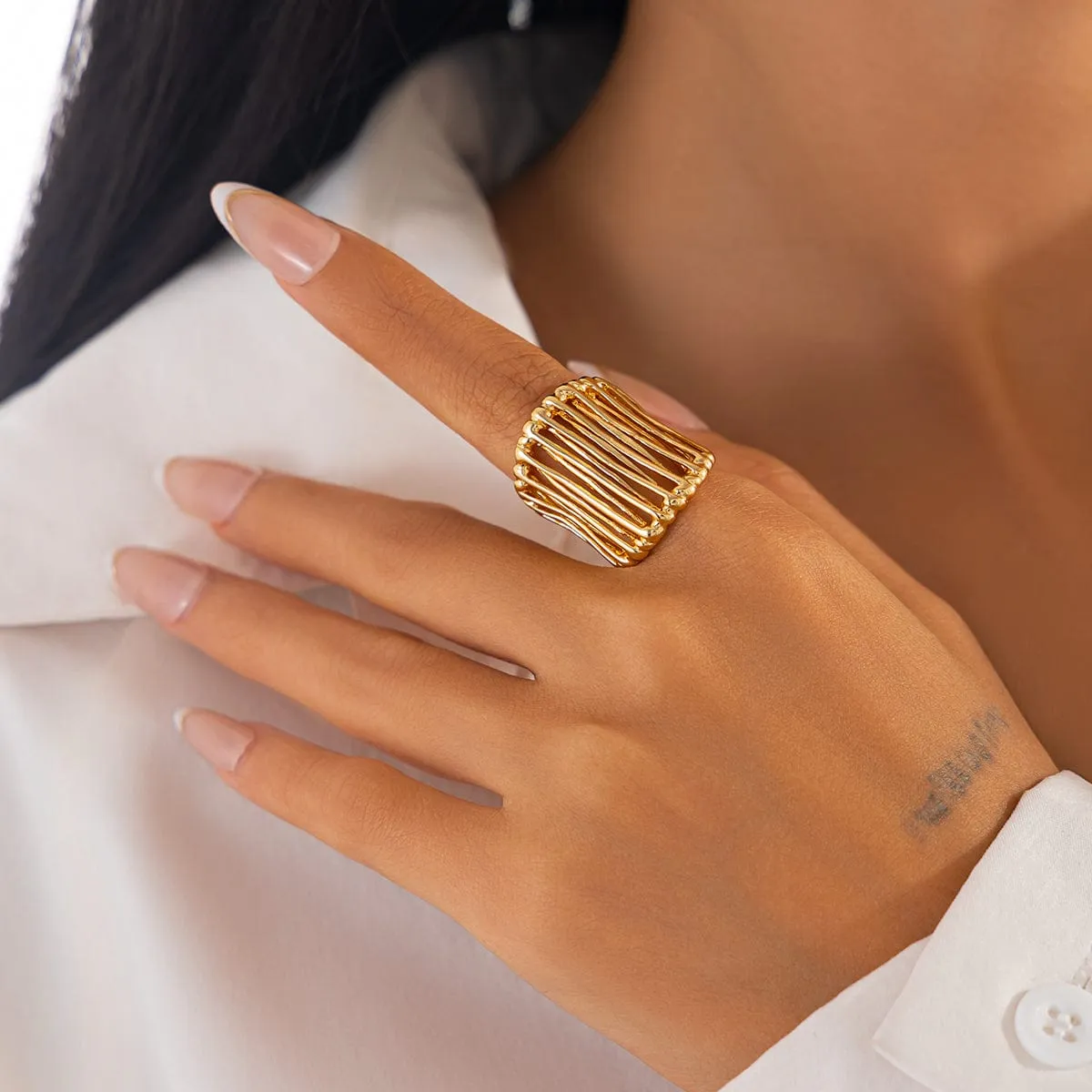 Abstract Chunky Gold Silver Plated Cage Ring