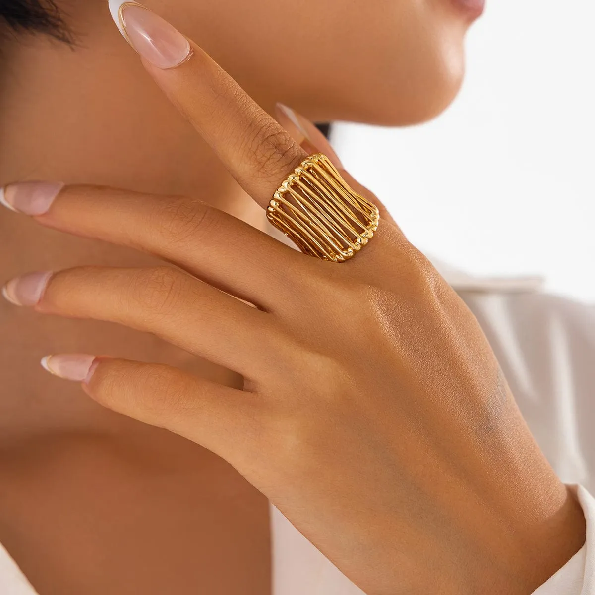 Abstract Chunky Gold Silver Plated Cage Ring
