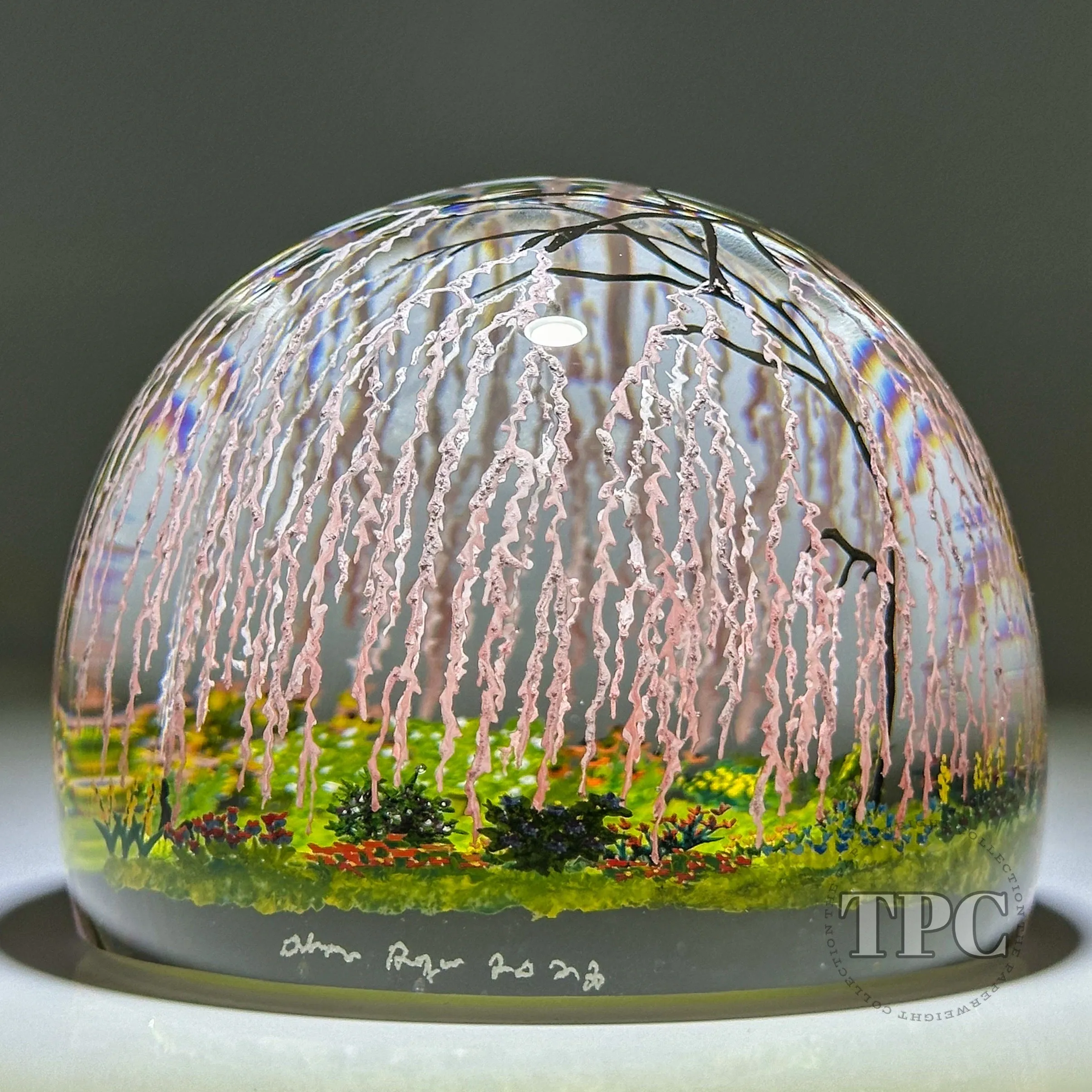Alison Ruzsa 2023 Glass Art Sculpture "Place to Rest" Hand-Painted Enamels Flowering Weeping Cherries in Field of Flowers