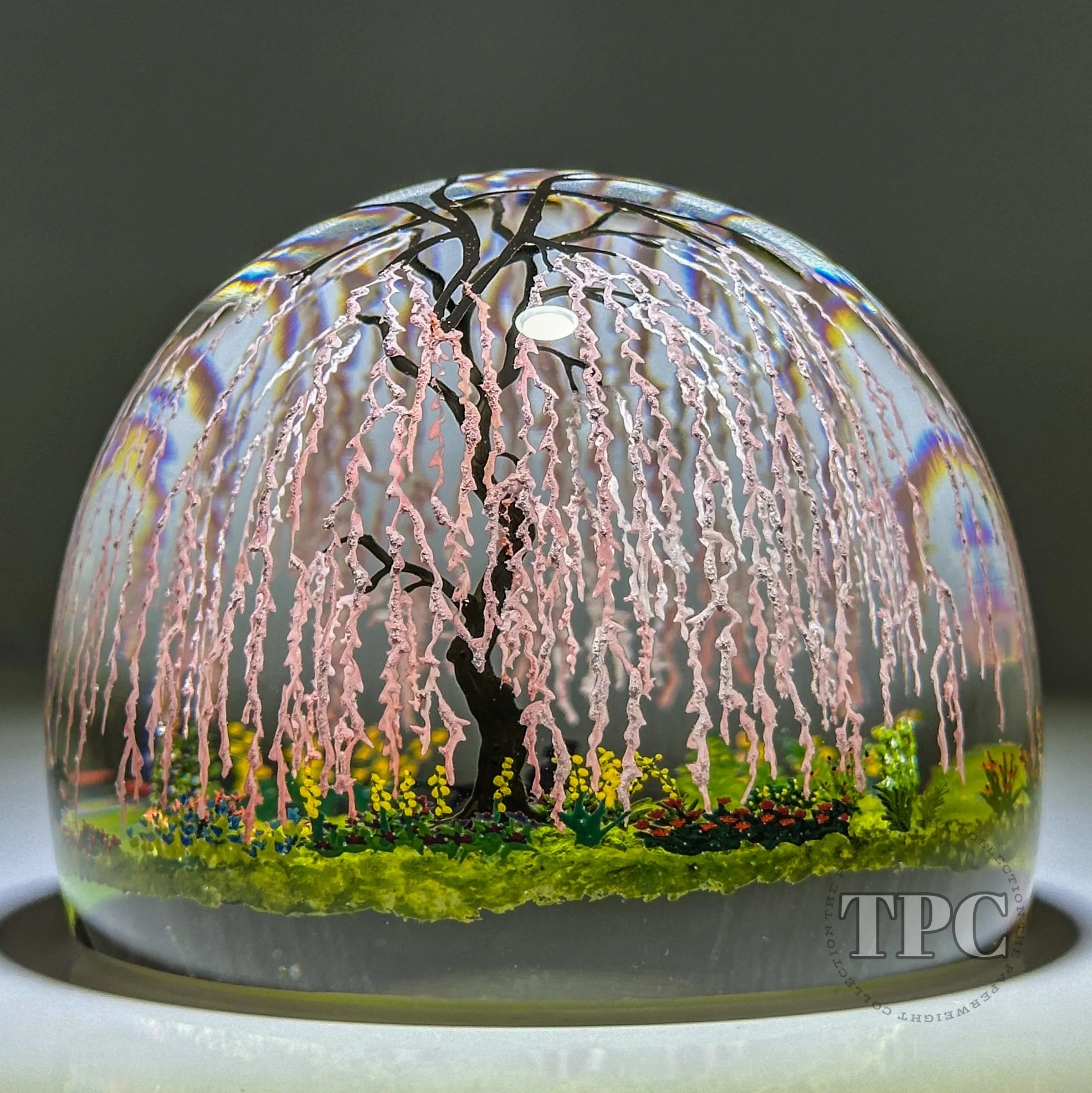 Alison Ruzsa 2023 Glass Art Sculpture "Place to Rest" Hand-Painted Enamels Flowering Weeping Cherries in Field of Flowers