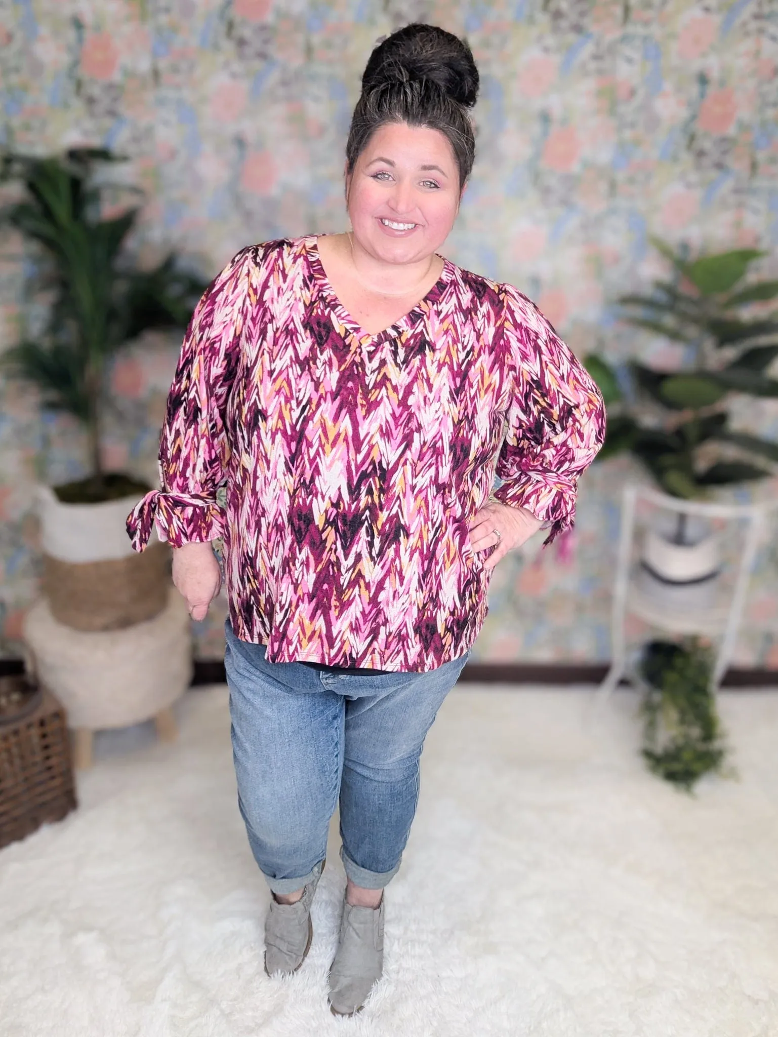 Ally Abstract Chevron 3/4 Sleeve Top w/Tie Sleeves