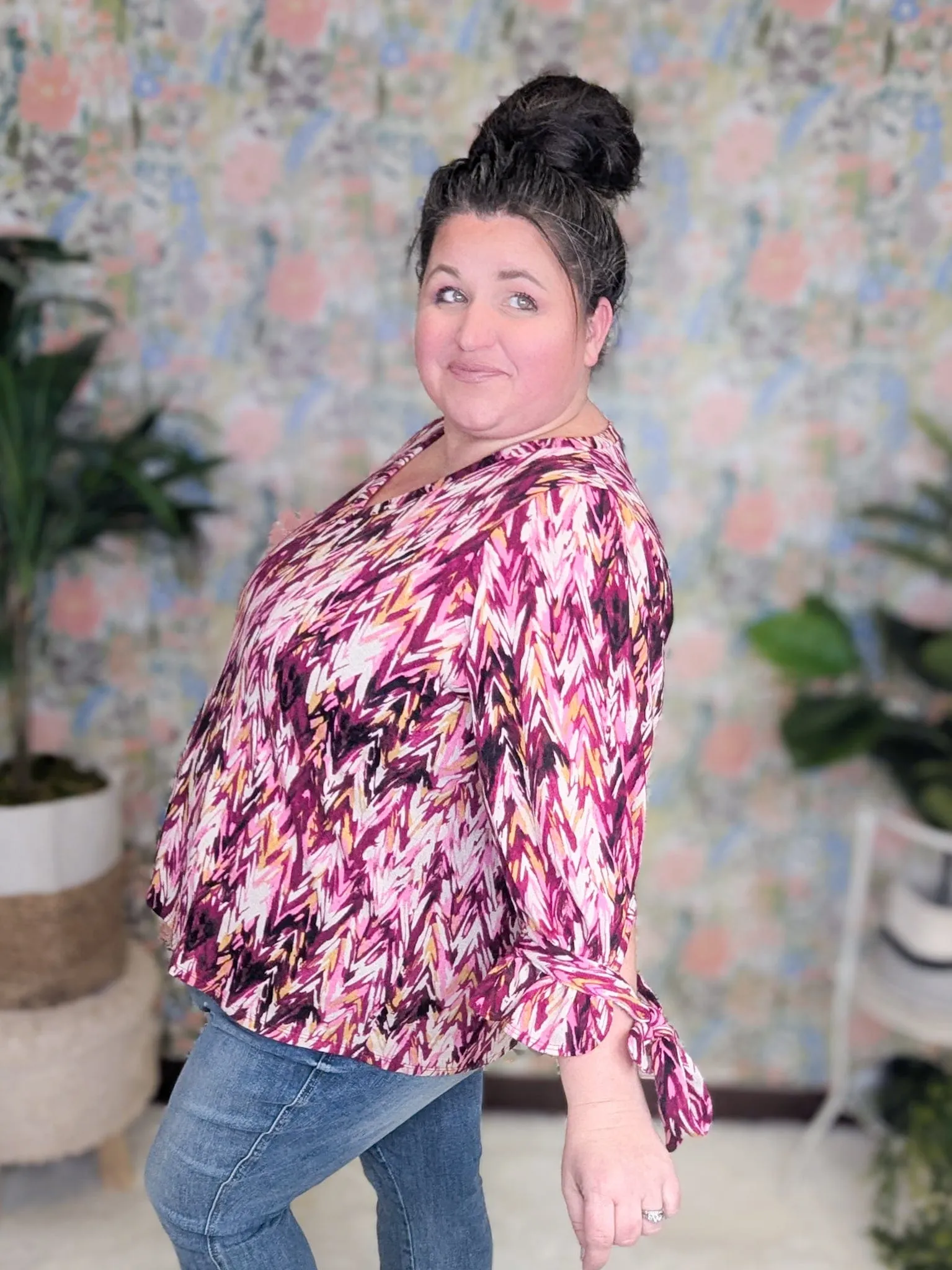 Ally Abstract Chevron 3/4 Sleeve Top w/Tie Sleeves
