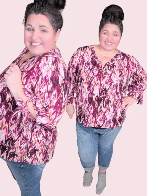 Ally Abstract Chevron 3/4 Sleeve Top w/Tie Sleeves