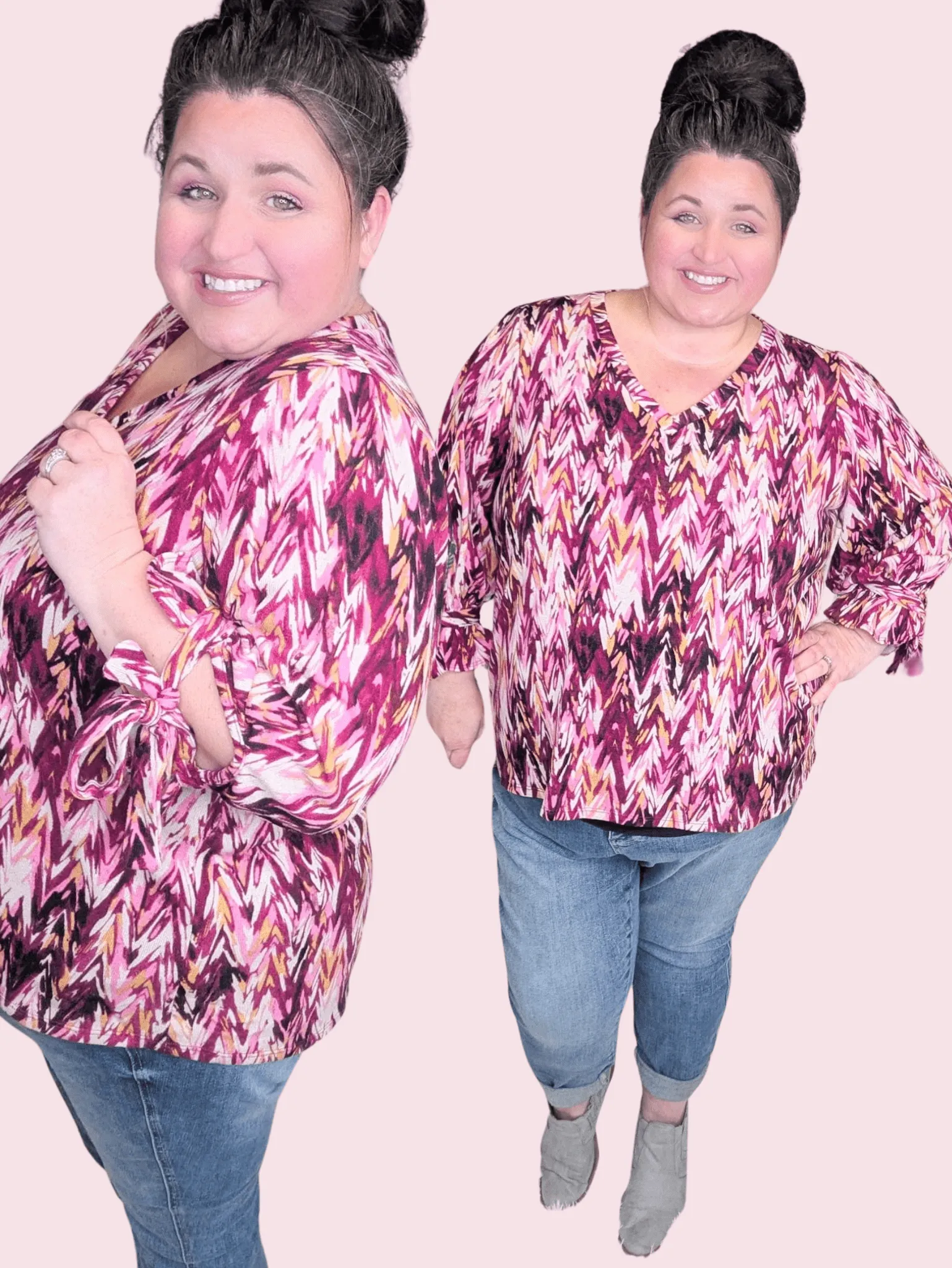 Ally Abstract Chevron 3/4 Sleeve Top w/Tie Sleeves