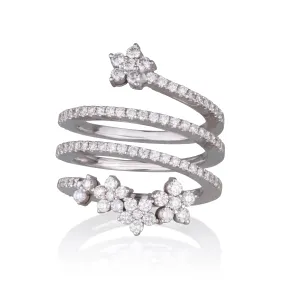 An open diamond pave swirl ring with diamond flowers