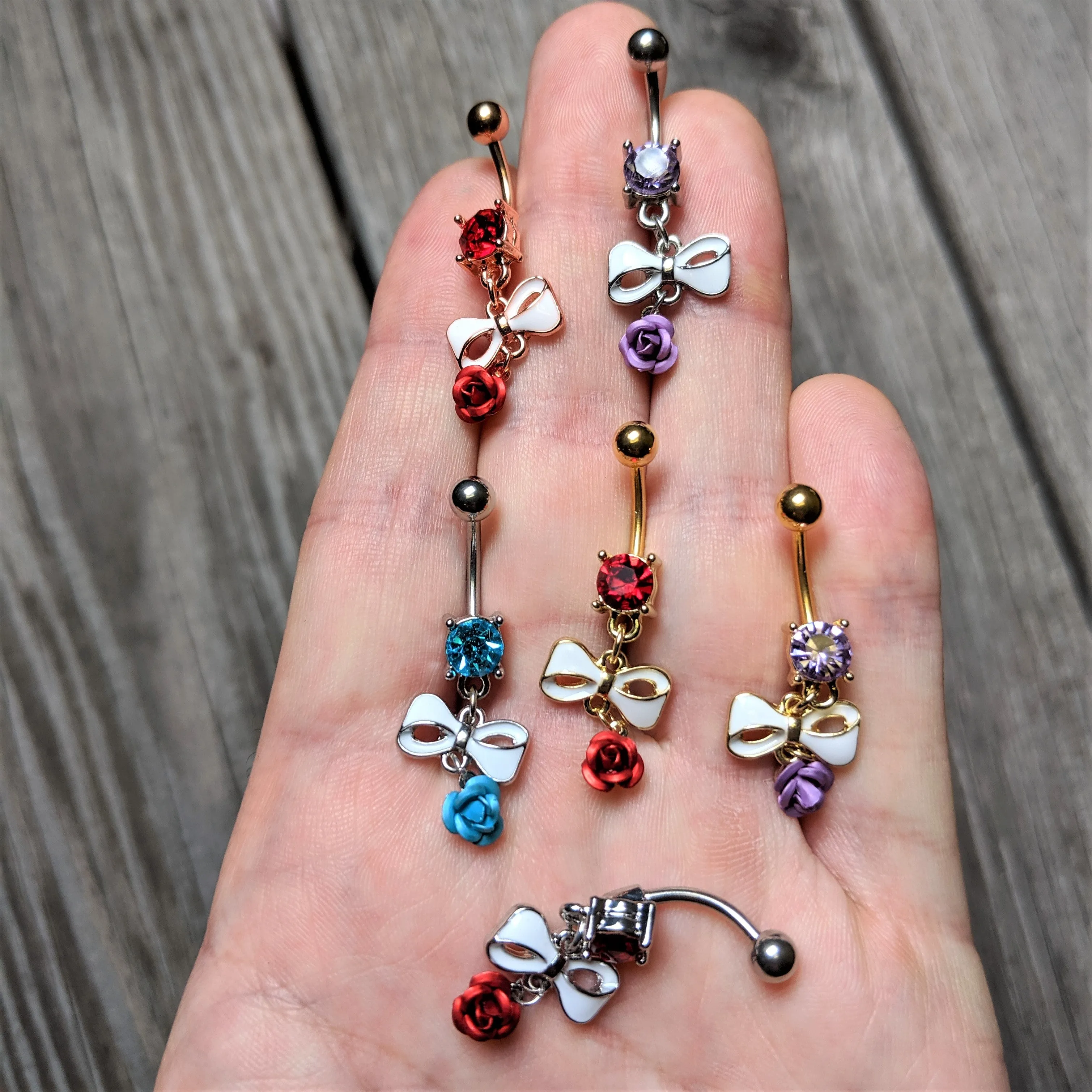 Aqua Gem Bow Rose Flower Dangle Belly Ring