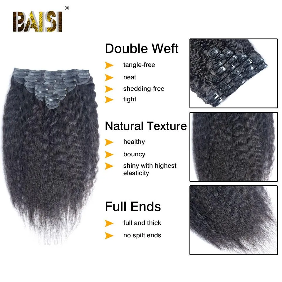 BAISI Kinky Straight Clip Ins Hair Extensions 8Pcs And 120g/Set
