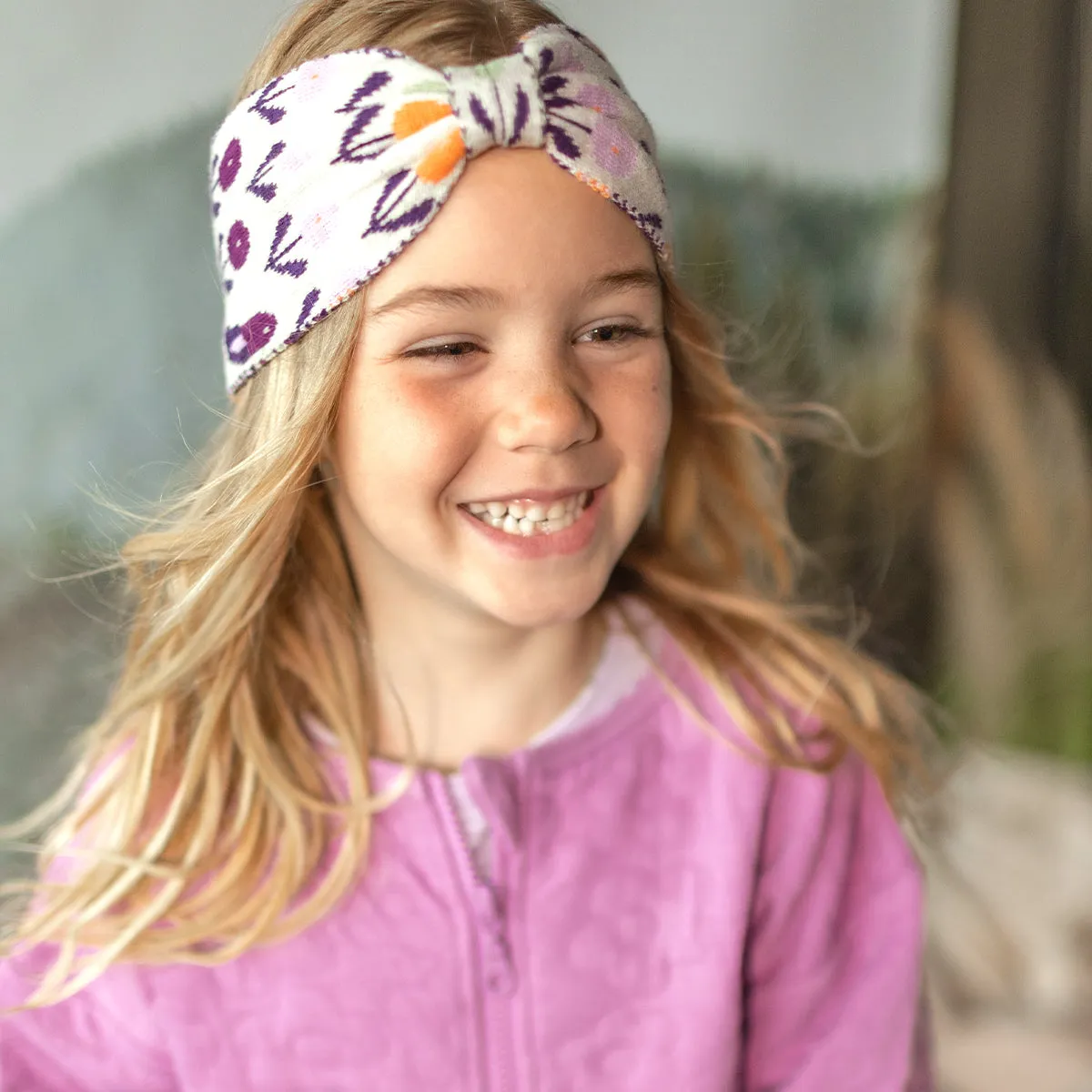 Bandeau crème à motif jaquard en tricot, enfant || Cream headband with jaquard pattern in knit, child