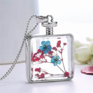 Blue & Red Pressed Flower Square Pendant Necklace