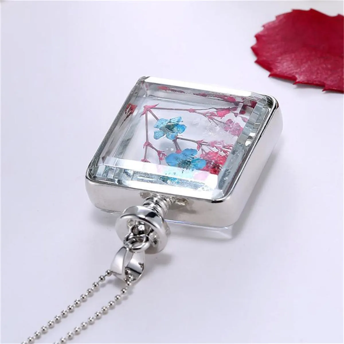 Blue & Red Pressed Flower Square Pendant Necklace