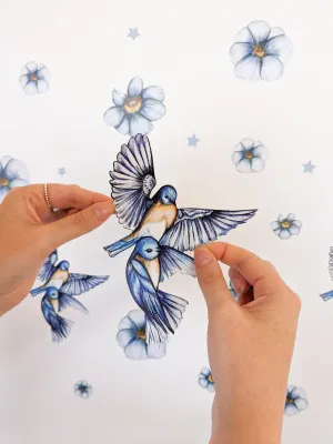 Blue Blooms Australian Design Hand Painted Peel & Stick, Removable Wall Decal. Nursery, Kids Playroom, Kids Teens Bedroom