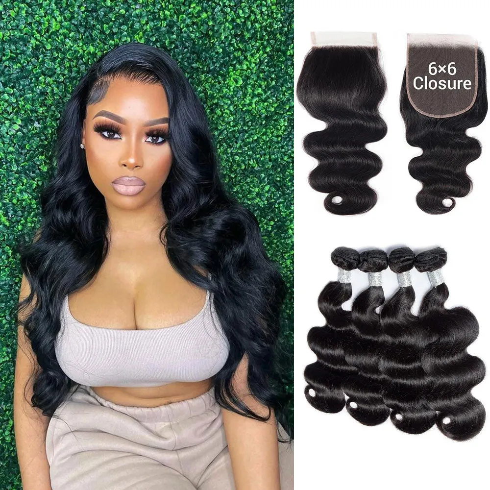Body Wave 4 Bundles With 6x6 Closure 100% Unprocessed Virgin Human Hair