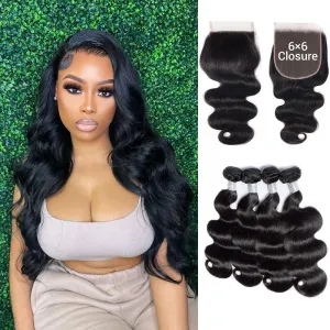 Body Wave 4 Bundles With 6x6 Closure 100% Unprocessed Virgin Human Hair