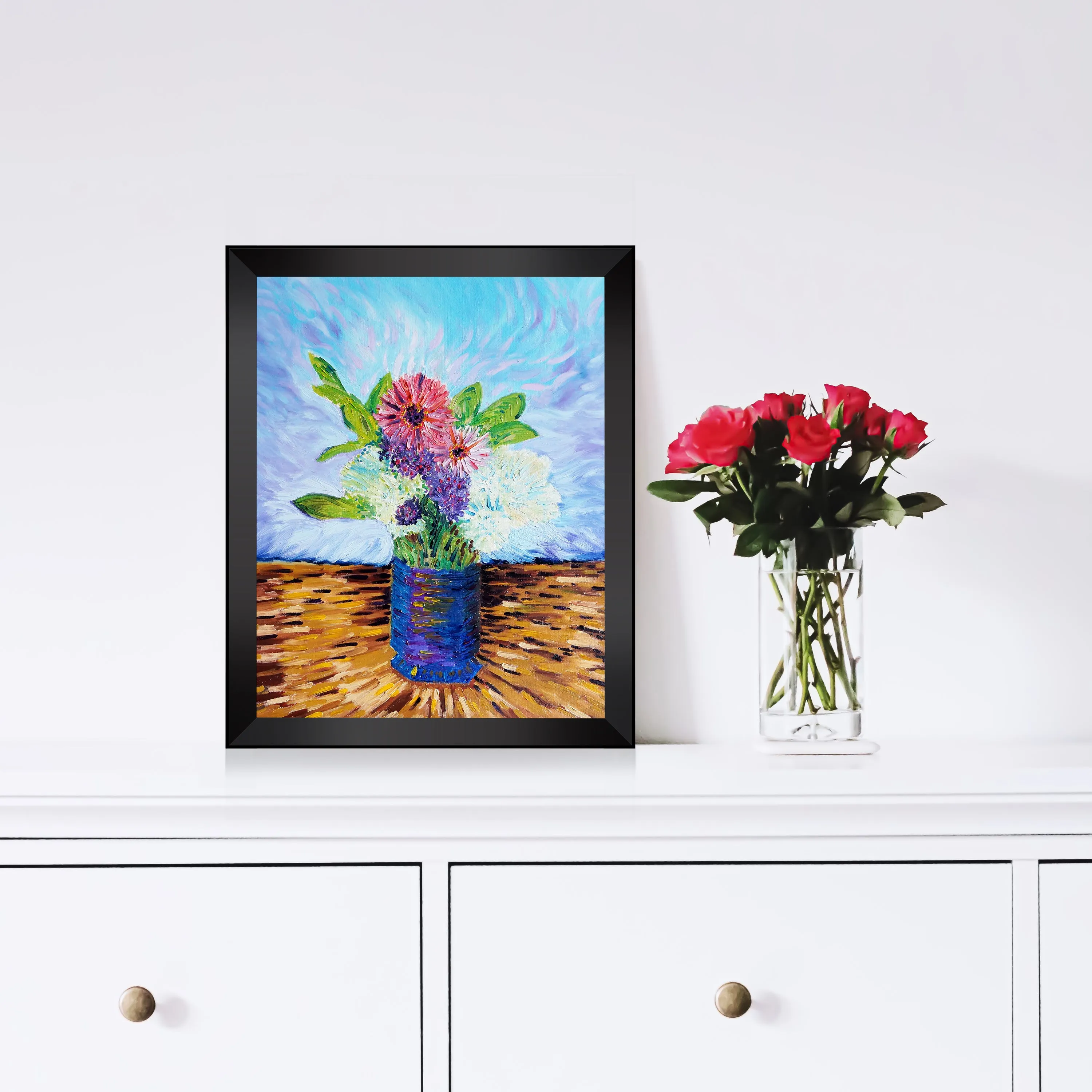 Bouquet of Flowers 2 Oil Painting - Art Print in Black Frame