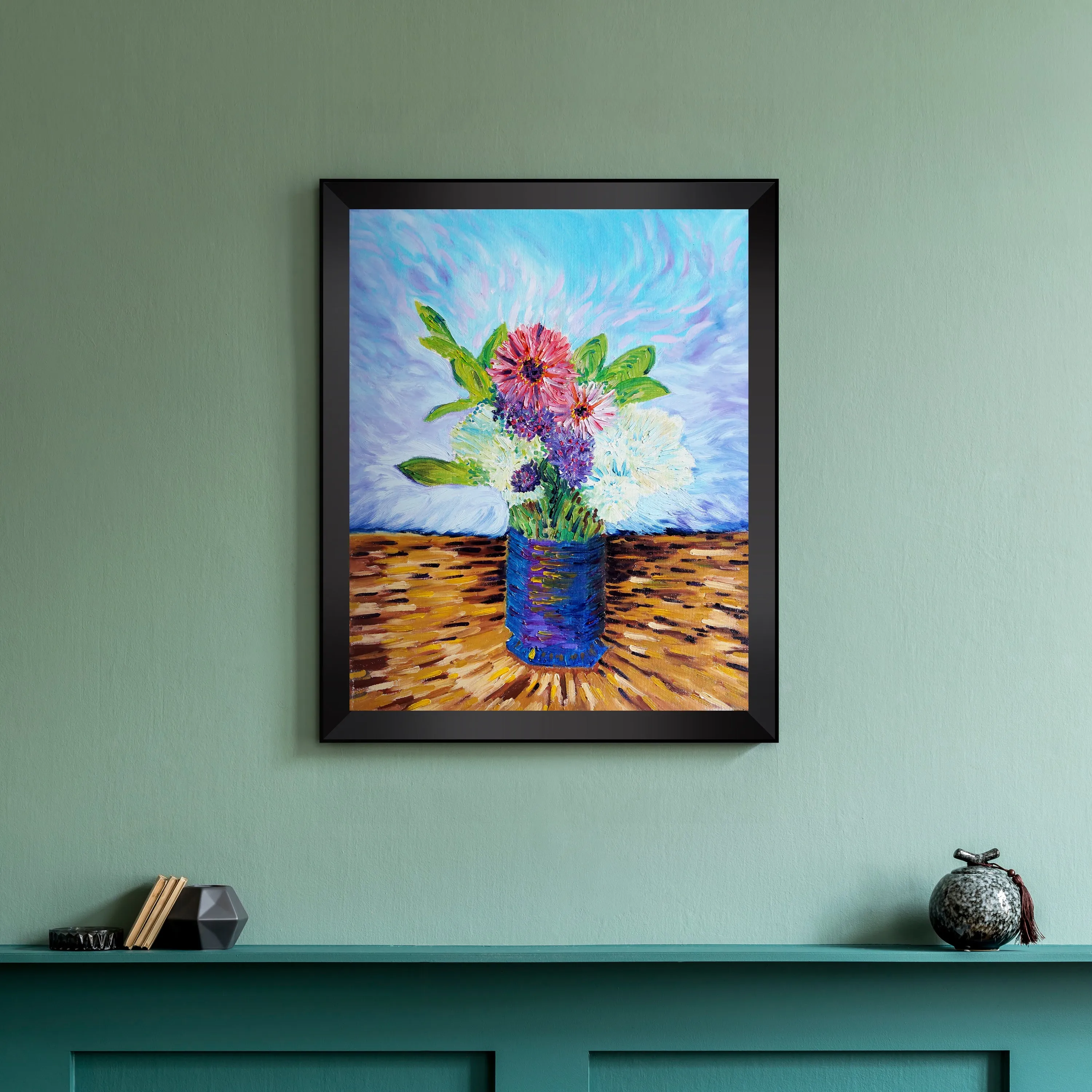 Bouquet of Flowers 2 Oil Painting - Art Print in Black Frame