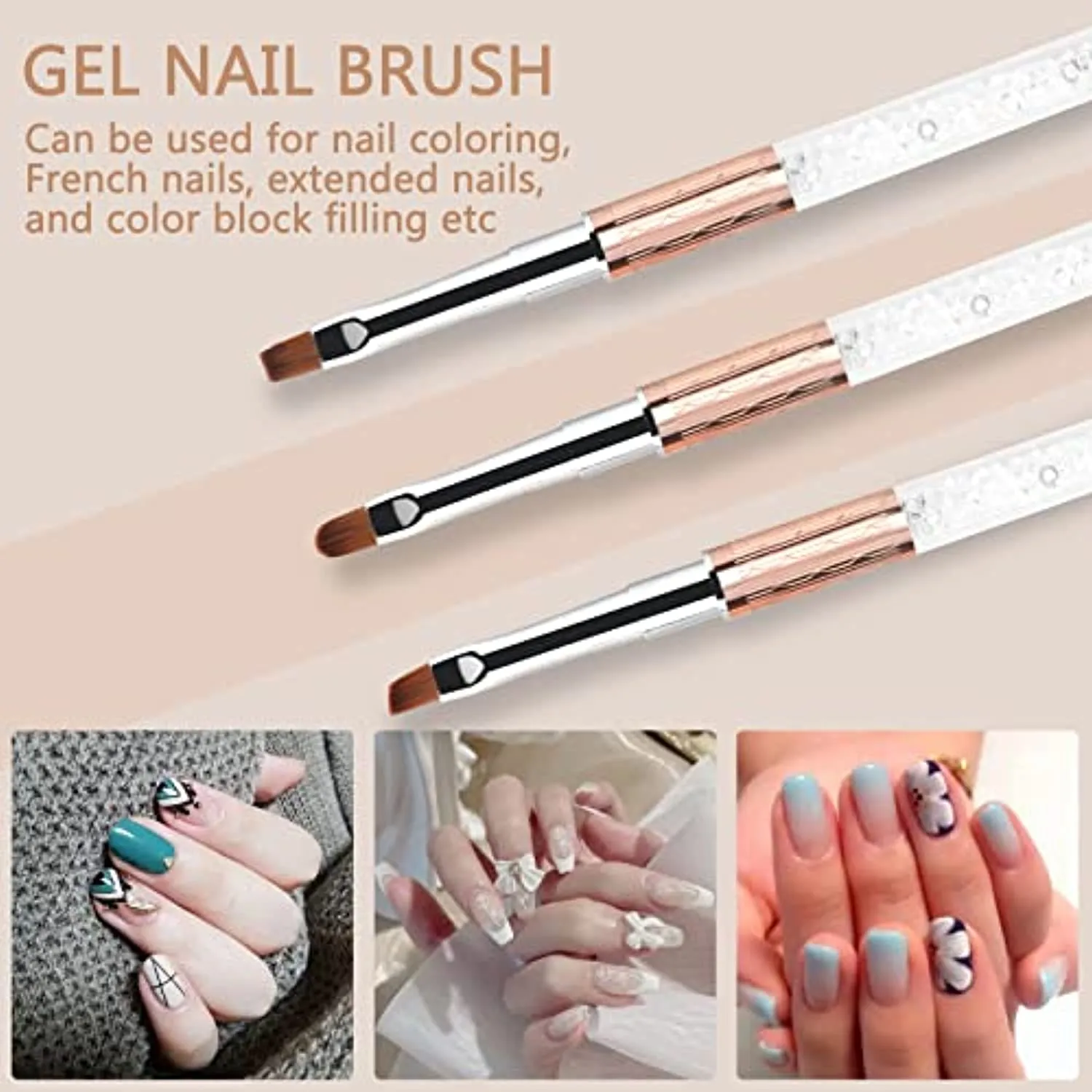 BQAN 3Pcs Oval & Flat & Oblique Gel Nail Brush Set Rhinestone Handle Professional Nail Art Brush for Gel Polish Manicure Salon DIY at Home (#8)